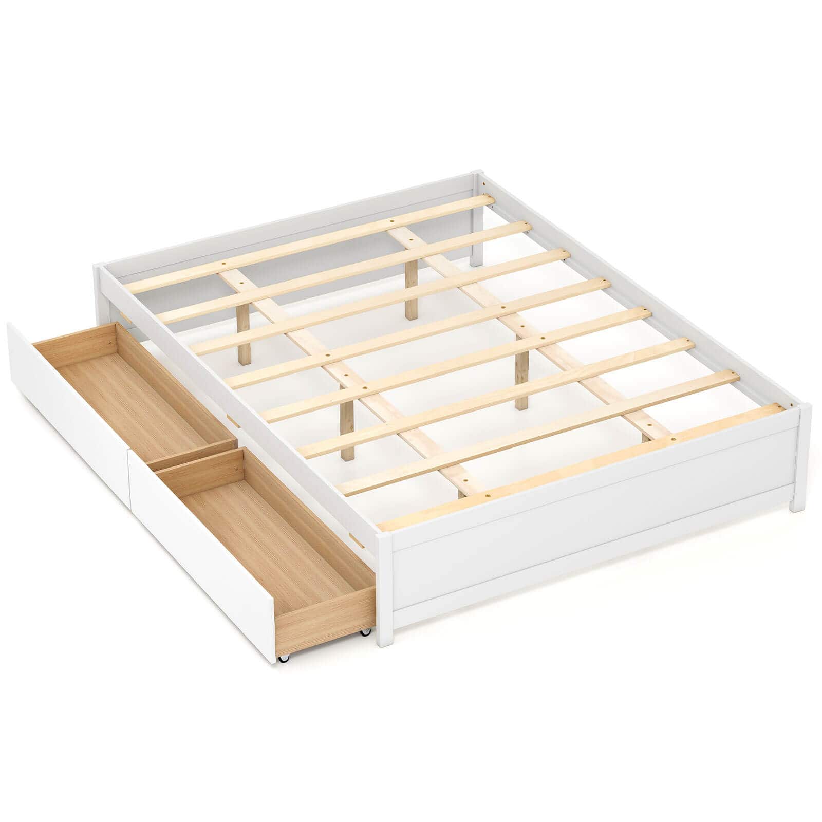 Costway - Queen Size Wooden Bed Frame with Rolling Storage Drawers Wood Slat Support - White