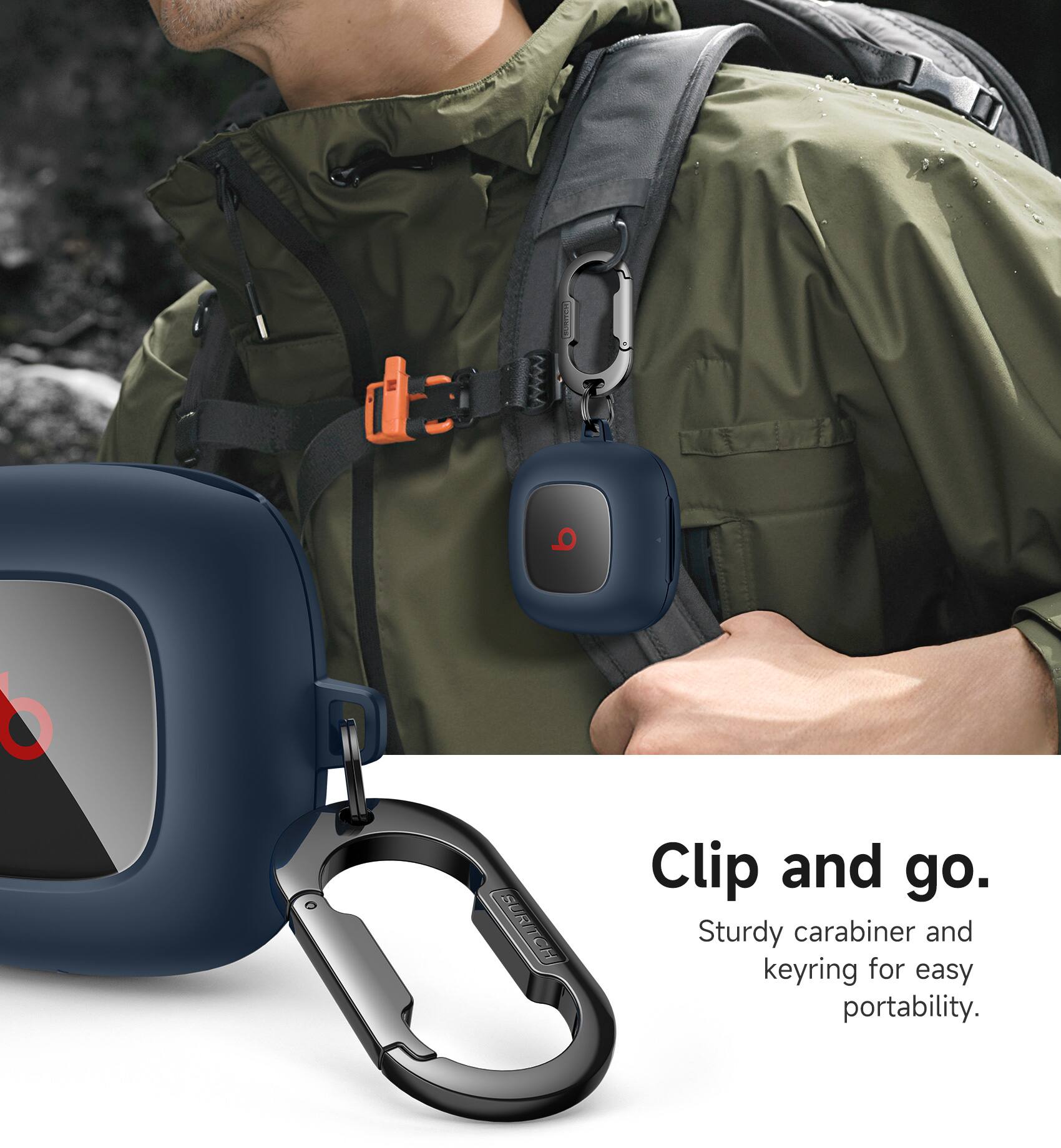 Clip and go.  
Sturdy carabiner and keyring for easy portability.