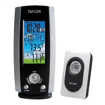 TAYLOR
OST AA A A PM 11770
DATE 23/01/THU
DAY
INDOOR 73.5°F
OUTDOOR 71.1°F
CH1
SET 433 MHz
73.5°F
45%
REMOTE SENSOR
LCD
DOWN/UP
TAYLOR
ALARM
SNZ/LGT