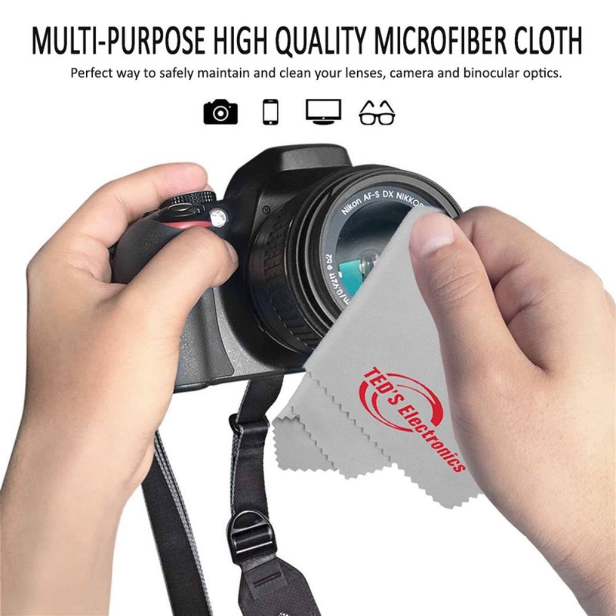 MULTI-PURPOSE HIGH QUALITY MICROFIBER CLOTH  
Perfect way to safely maintain and clean your lenses, camera and binocular optics.  

AF-S DX NIKKOR  
TED'S Electronics