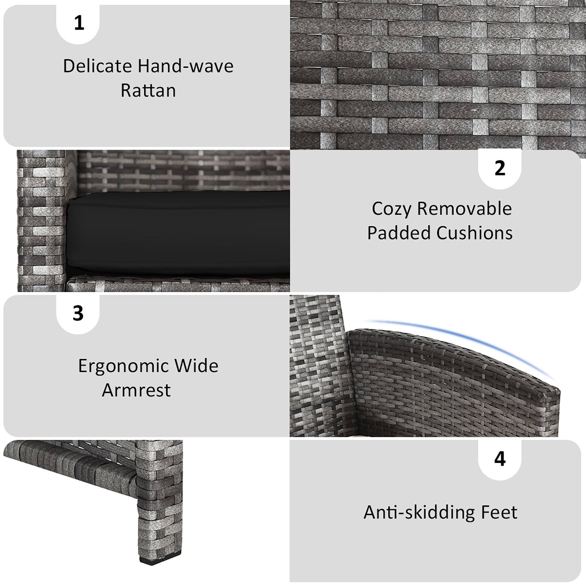 1. Delicate Hand-wave Rattan
2. Cozy Removable Padded Cushions
3. Ergonomic Wide Armrest
4. Anti-skidding Feet