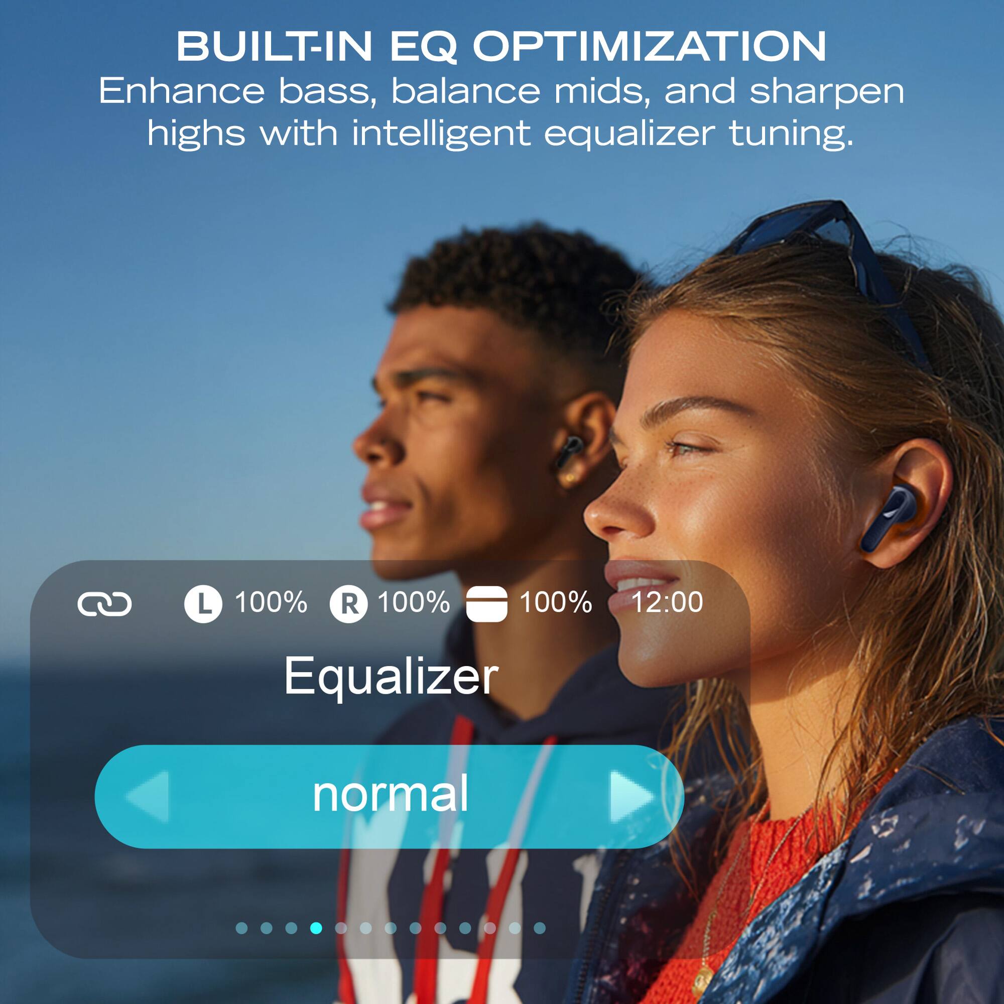 BUILT-IN EQ OPTIMIZATION  
Enhance bass, balance mids, and sharpen highs with intelligent equalizer tuning.

L 100% R 100% 100% 12:00  
Equalizer  
normal