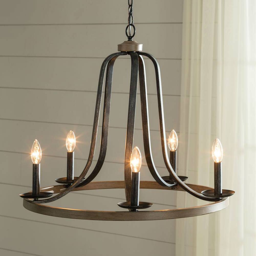 Angle. Hivvago - Rustic 5 Light Dimmable Farm Home Circle Metal Chandelier Oak Finish - Oak Finish.
