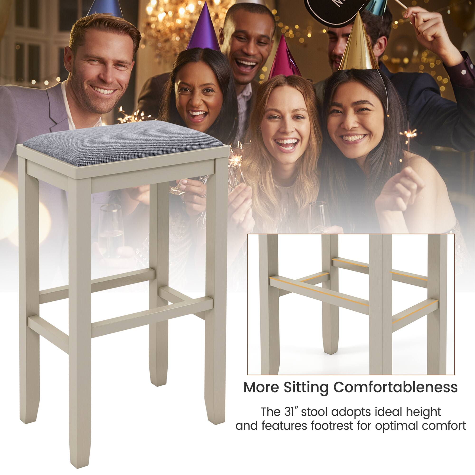 The text on the image reads: "More Sitting Comfortableness The 31" stool adopts ideal height and features footrest for optimal comfort."