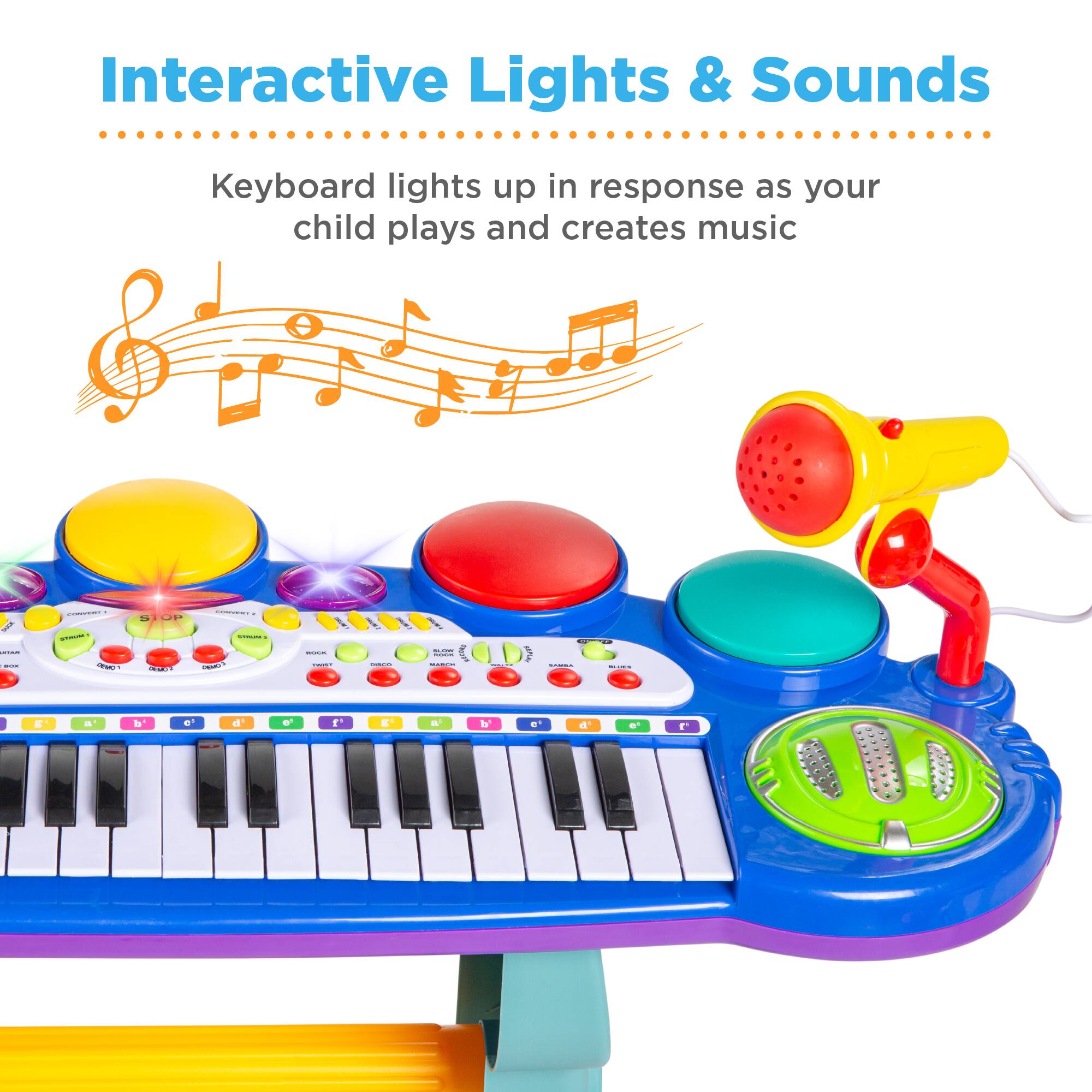 Interactive Lights & Sounds

Keyboard lights up in response as your child plays and creates music