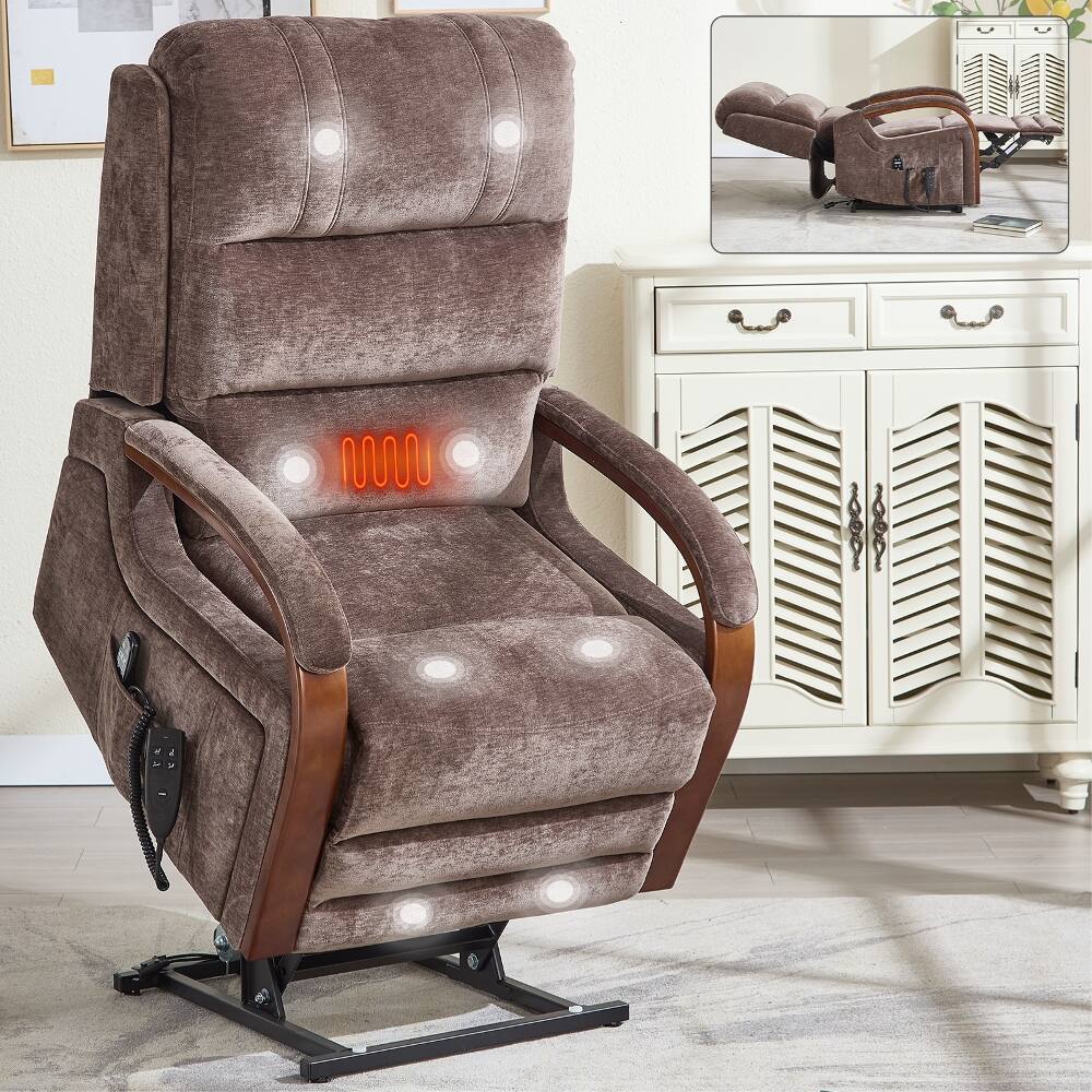 Alt View 6. Ropilly - Ropilly dual motor lift chair brown chenille recliner with solid wood armrests and heat massage - Brown.