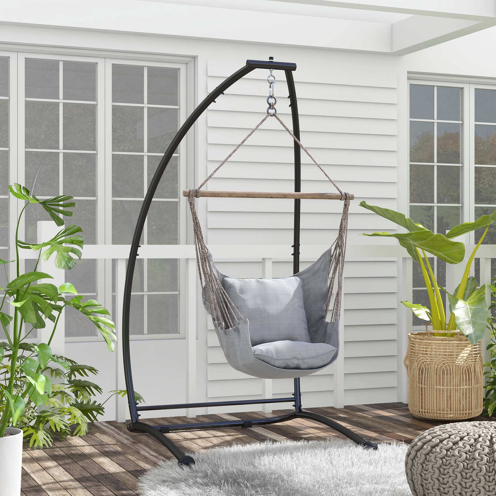 Alt View 1. Outsunny - Hammock Chair Stand, C Shape Hanging Heavy Duty Metal Frame Hammock Stand for Hanging Hammock Porch Swing Chair - Black.