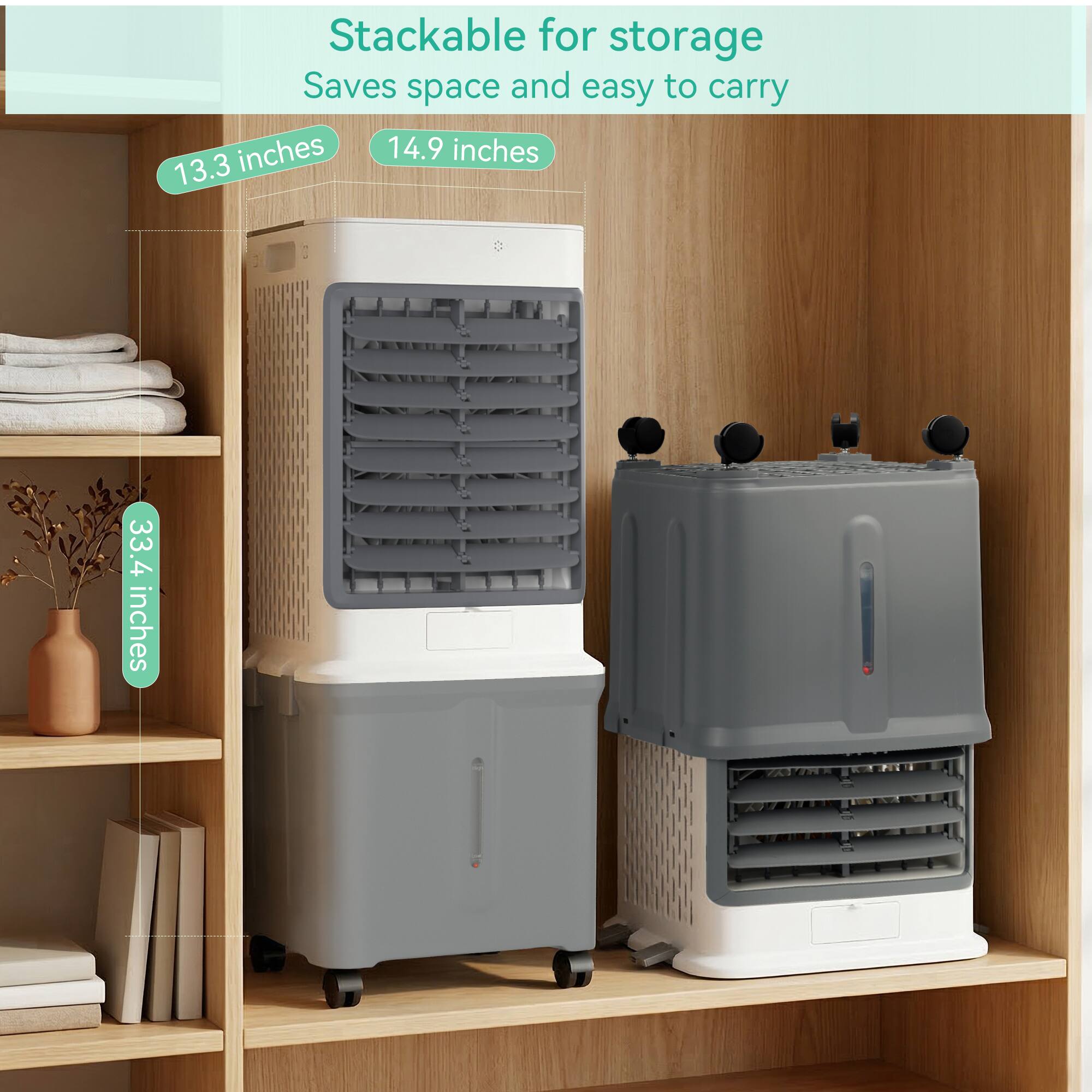 Stackable for storage  
Saves space and easy to carry  
13.3 inches  
14.9 inches  
33.4 inches
