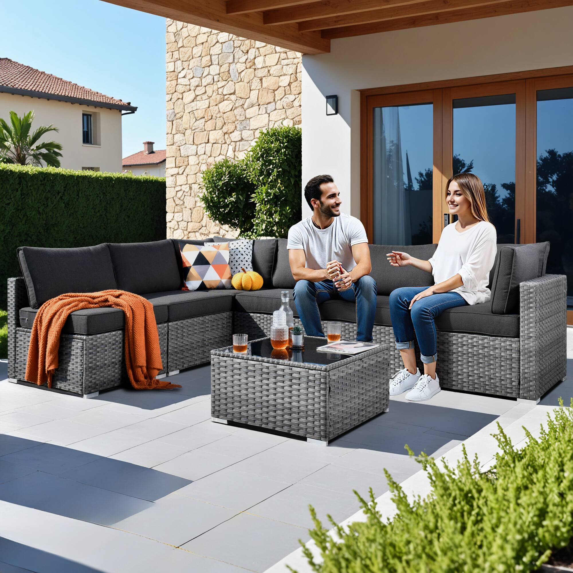Alt View 2. Ovios - 7 PCS Patio Furniture Outdoor Sofa Sets with Wicker, Cushions and Coffee Table for Garden, Backyard and Balcony - Black.