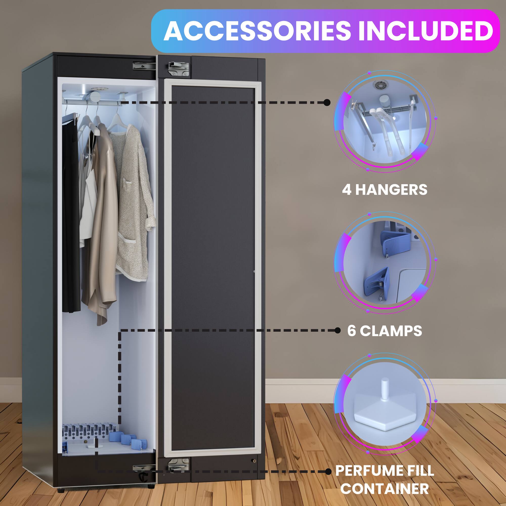 ACCESSORIES INCLUDED  
4 HANGERS  
6 CLAMPS  
PERFUME FILL CONTAINER