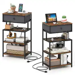 WELLFOR - Set of 2 28" Tall Nightstands with Charging Station and Fabric Drawer - Rustic Brown