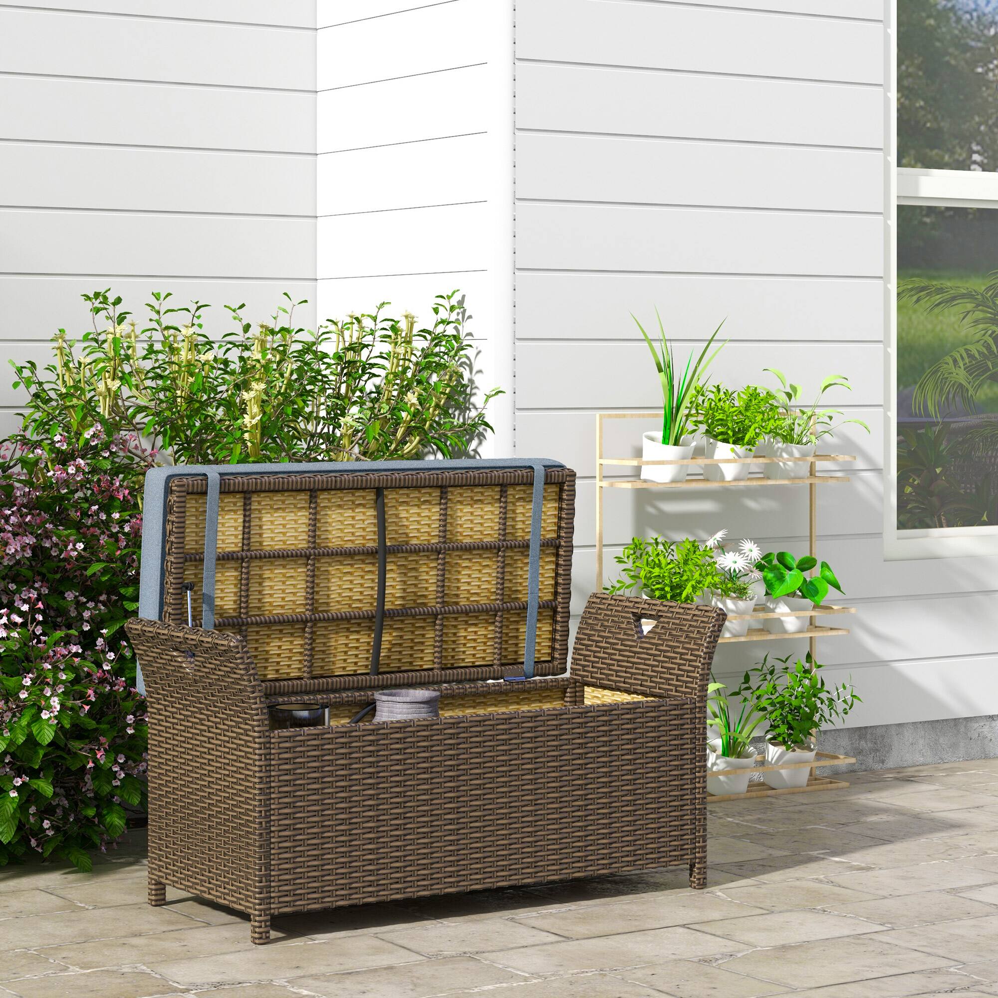 Alt View 1. Outsunny - 29 Gallon Patio Wicker Storage Bench, Outdoor PE Rattan Patio Furniture - Dark Blue.