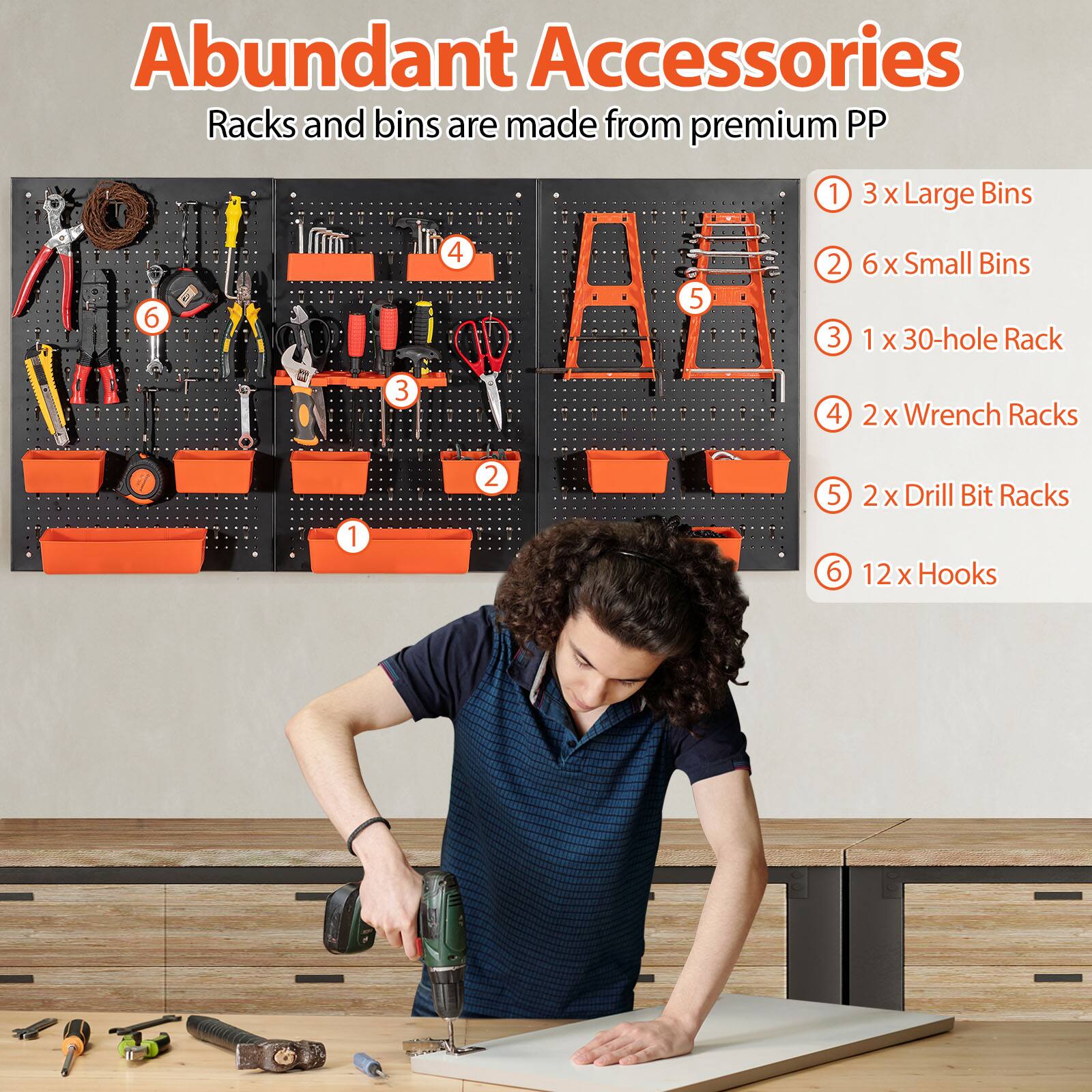 Abundant Accessories  
Racks and bins are made from premium PP

1. 3 x Large Bins  
2. 6 x Small Bins  
3. 1 x 30-hole Rack  
4. 2 x Wrench Racks  
5. 2 x Drill Bit Racks  
6. 12 x Hooks