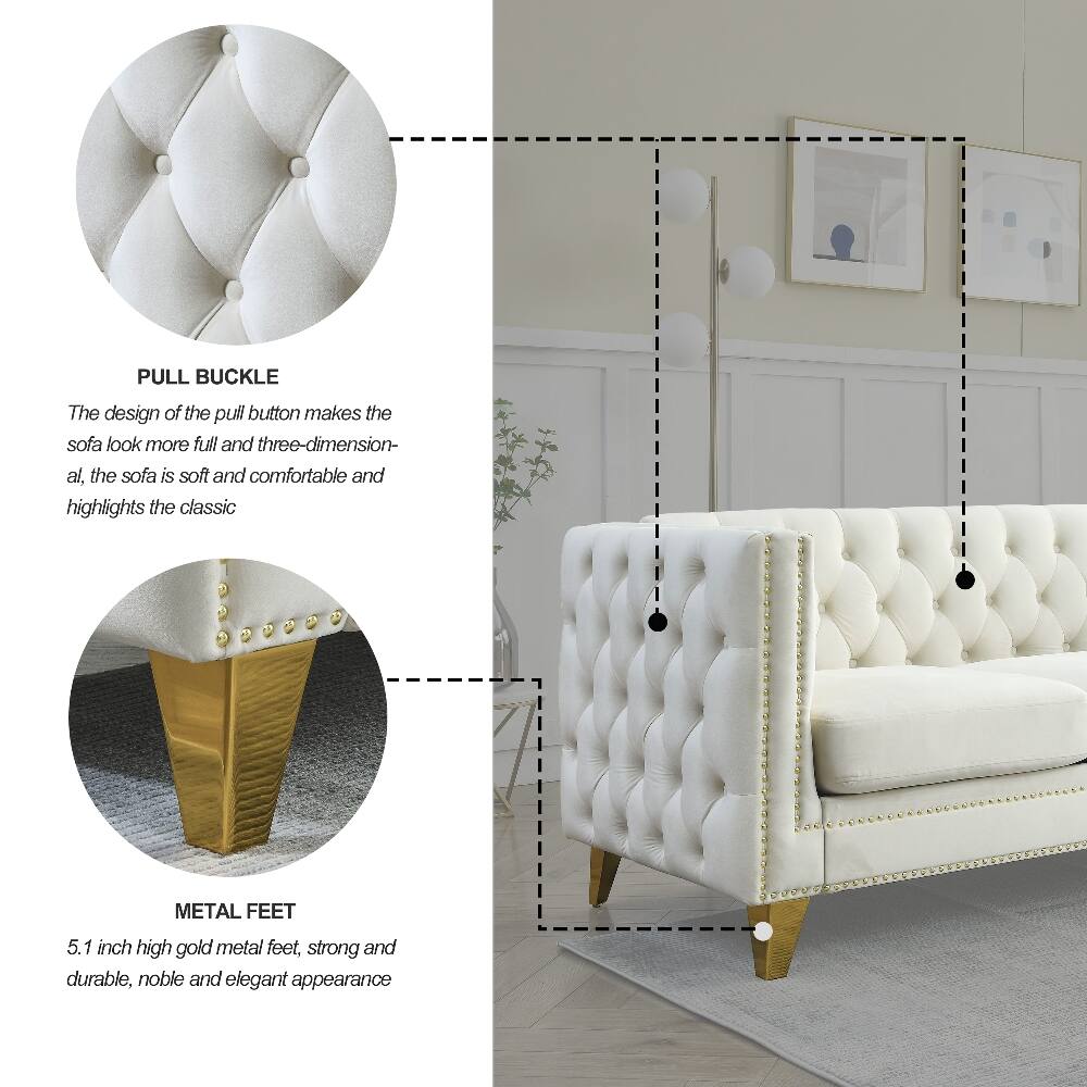 PULL BUCKLE  
The design of the pull button makes the sofa look more full and three-dimensional, the sofa is soft and comfortable and highlights the classic

METAL FEET  
5.1 inch high gold metal feet, strong and durable, noble and elegant appearance