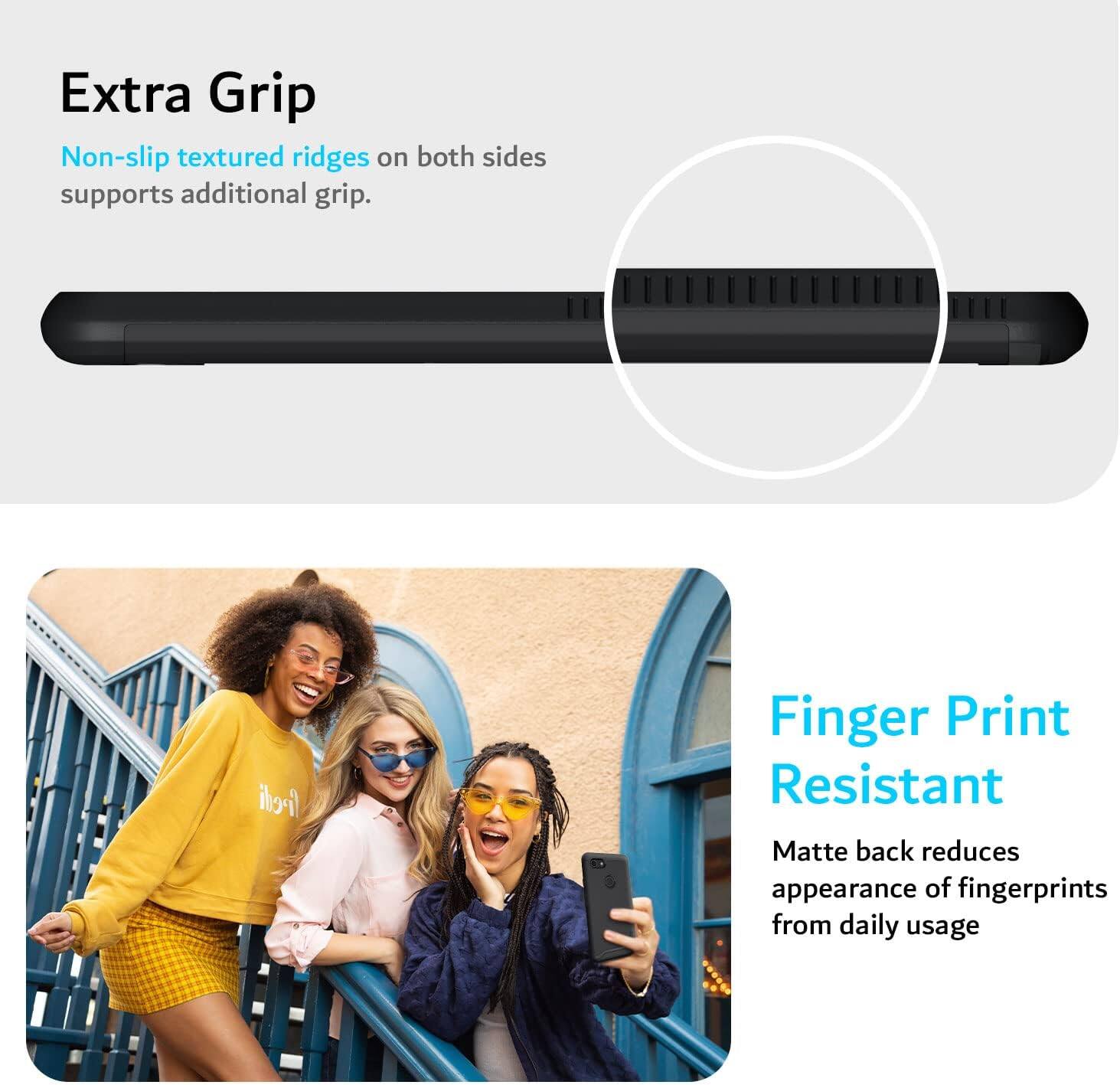 **Extra Grip**

- Non-slip textured ridges on both sides supports additional grip.

**Finger Print Resistant**

- Matte back reduces appearance of fingerprints from daily usage.