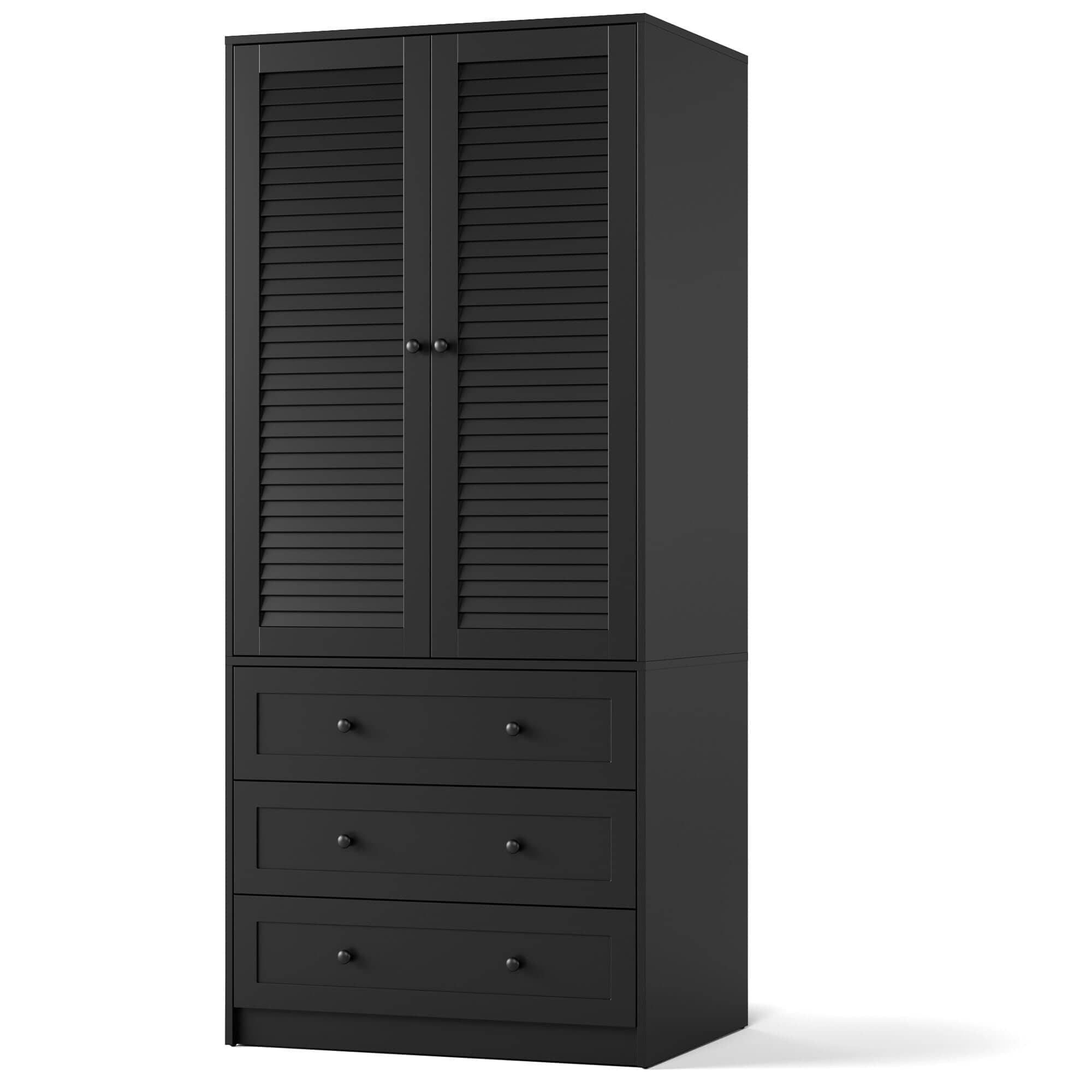 Acekool - Armoire Wardrobe Closet with Drawers, 69.5" Wooden Wardrobe Cabinet with Hanging Rod, 2 Doors Clothing Storage - Black