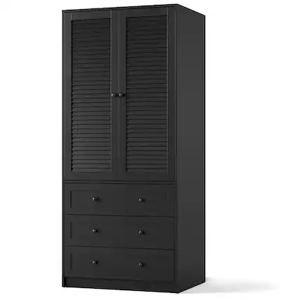 Front. Acekool - Armoire Wardrobe Closet with Drawers, 69.5" Wooden Wardrobe Cabinet with Hanging Rod, 2 Doors Clothing Storage - Black.