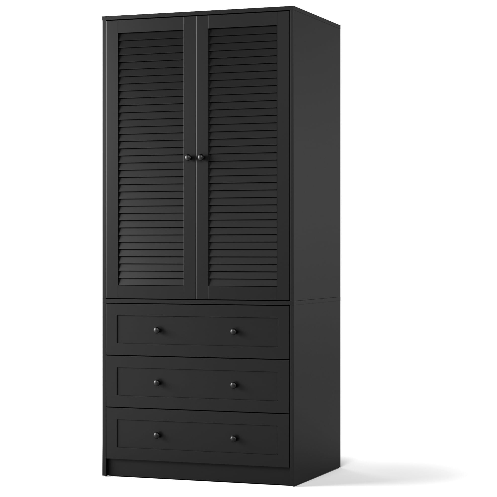 Front. Acekool - Armoire Wardrobe Closet with Drawers, 69.5" Wooden Wardrobe Cabinet with Hanging Rod, 2 Doors Clothing Storage - Black.