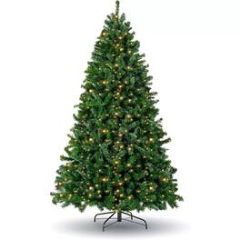 HONGGE - 7.5 Ft Pre-Lit Artificial Christmas Tree with 400 Warm LED Lights and Metal Stand - Green