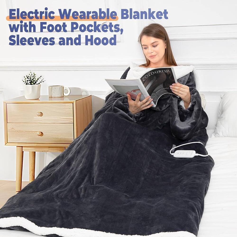 Electric Wearable Blanket with Foot Pockets, Sleeves and Hood
