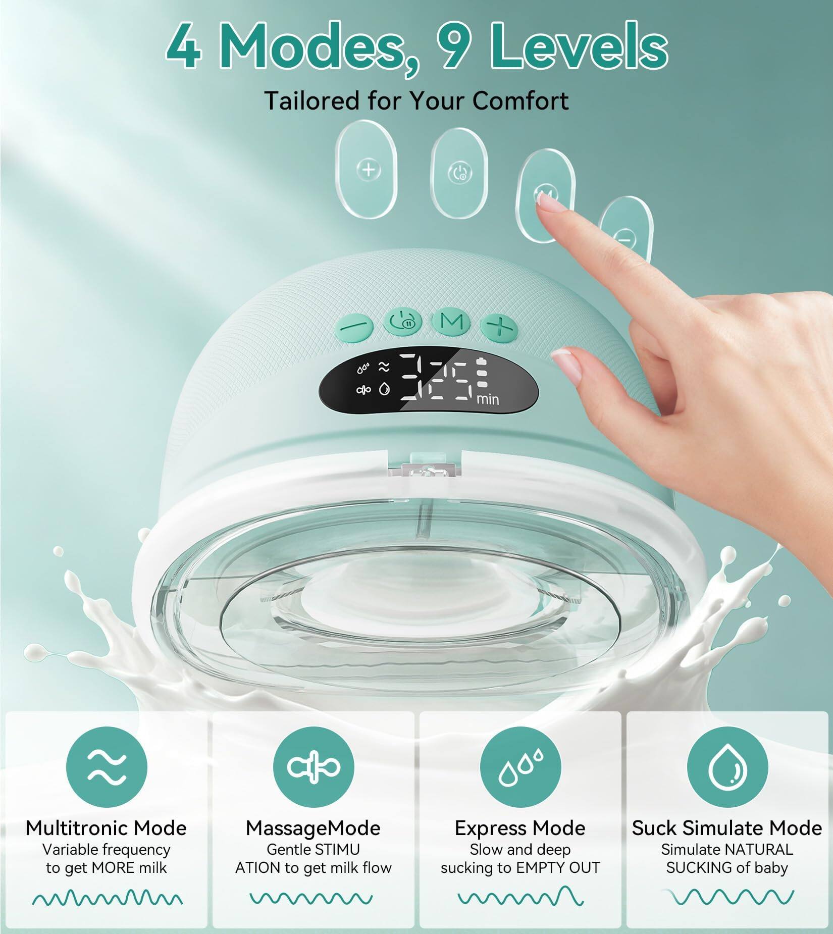 4 Modes, 9 Levels Tailored for Your Comfort

Multitronic Mode
Variable frequency to get MORE milk

Massage Mode
Gentle STIMULATION to get milk flow

Express Mode
Slow and deep sucking to EMPTY OUT

Suck Simulate Mode
Simulate NATURAL SUCKING of baby
