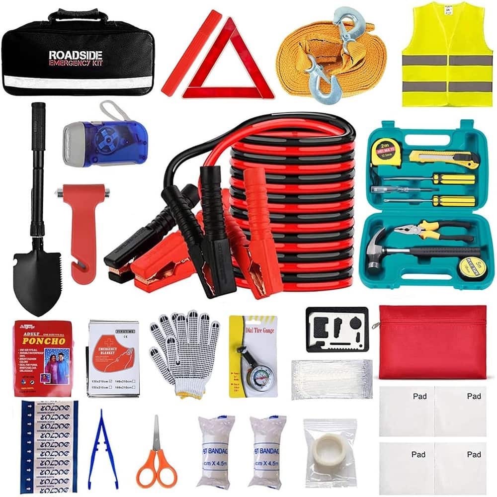 MOSZAR LLC - Car Emergency Roadside Kit with Jumper Cables, Shovel & First Aid