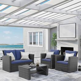 Mondawe - 4 Piece Outdoor Sectional Sofa Set with Tempered Glass Coffee Table and Cushions - Blue