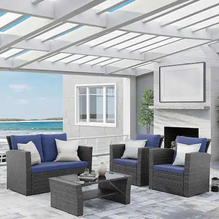Front. Mondawe - 4 Piece Outdoor Sectional Sofa Set with Tempered Glass Coffee Table and Cushions - Blue.