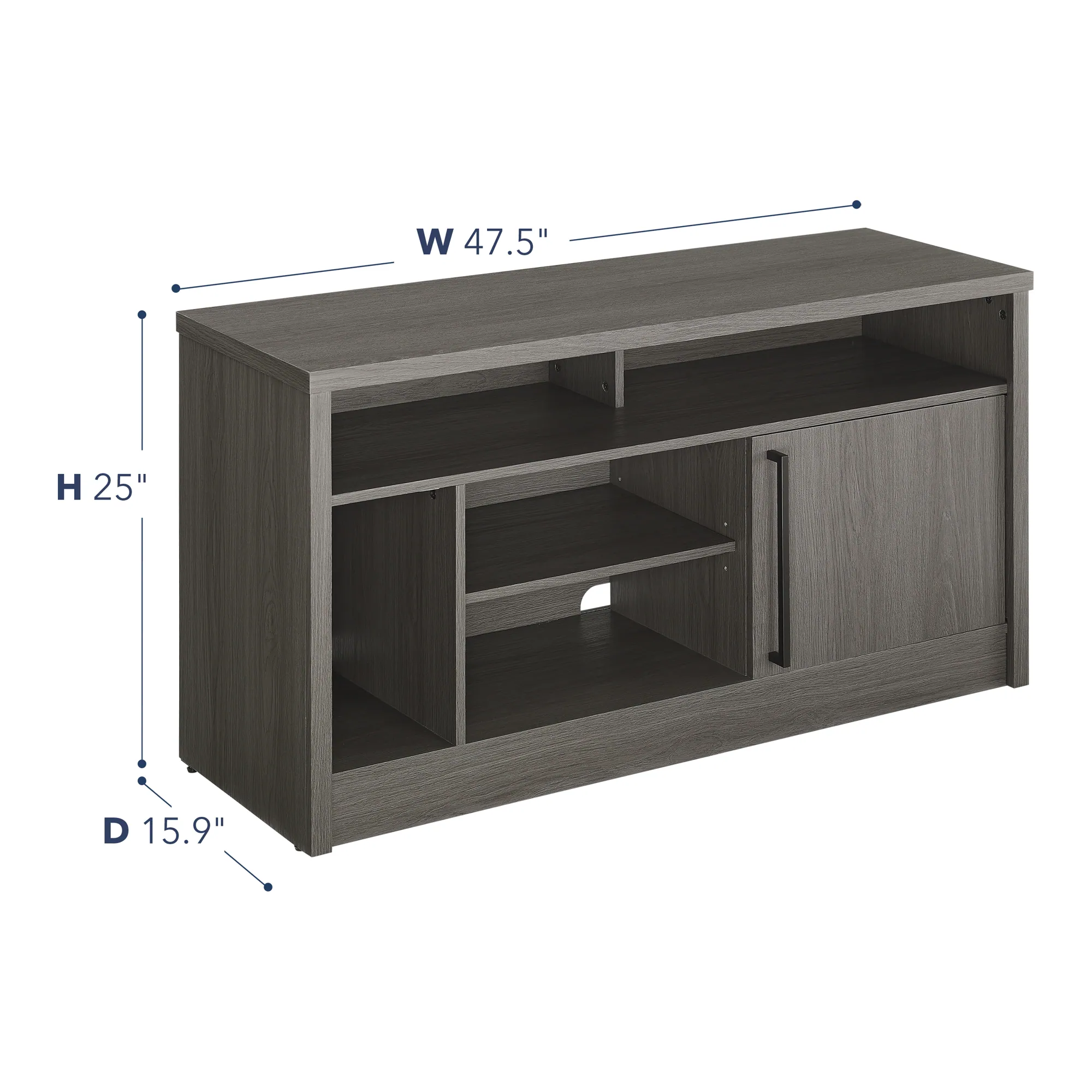 The dimensions of the wooden TV stand are W 47.5" H 25" D 15.9".