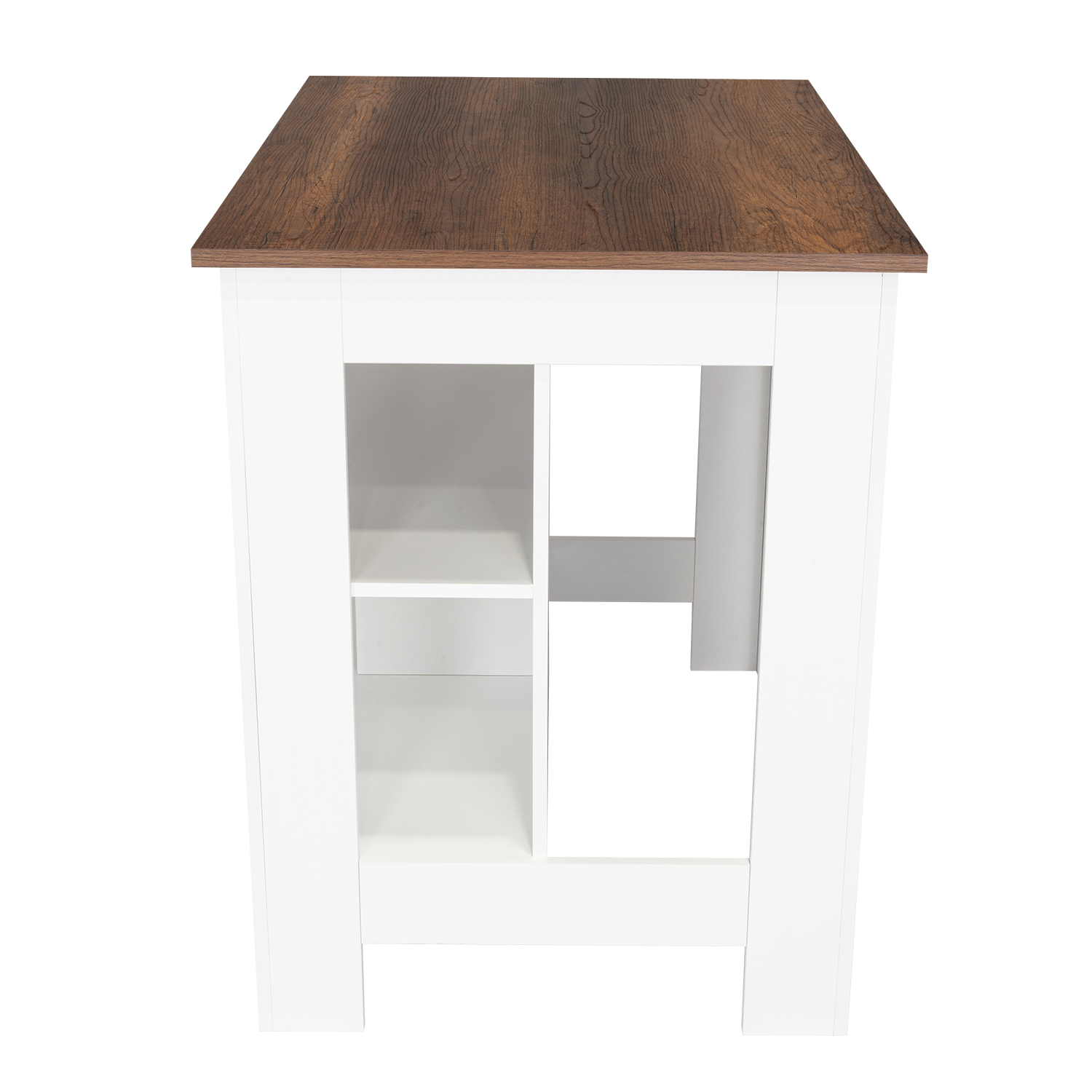 Alt View 1. TuHome - Cala Kitchen Island, Four Legs, Three Shelves, White and Walnut - White, Walnut.