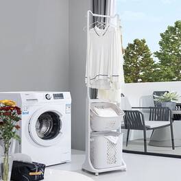 ELEMENT ACE - 2-Tier Laundry Hamper Sorter with Hanging Bar and Rolling Wheels for Efficient Clothes Organization - White