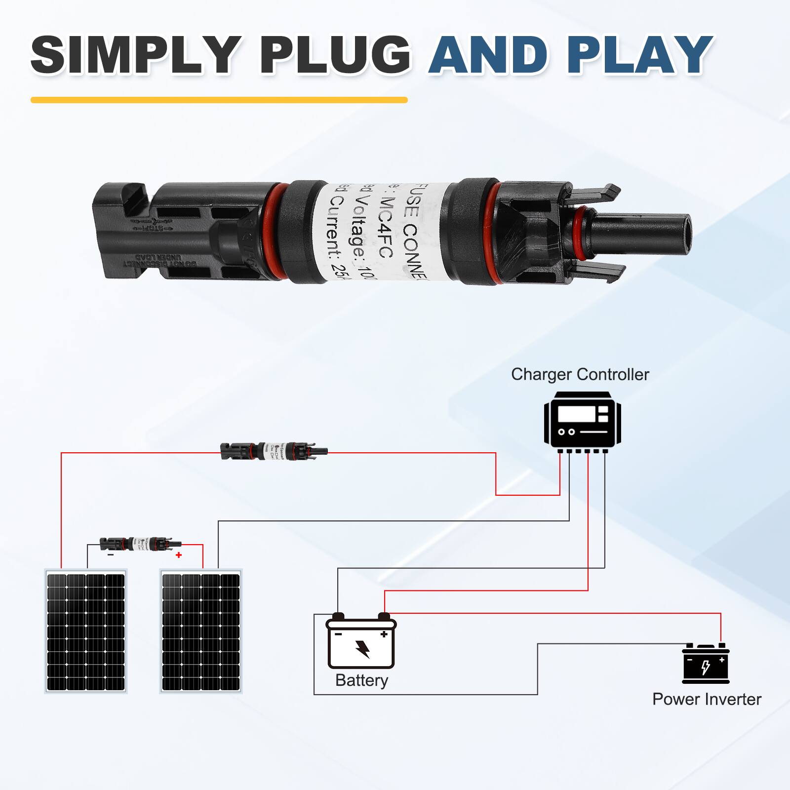 SIMPLY PLUG AND PLAY

Current: 25A  
Voltage: 10V  
MC4FC  
Fuse Current: 8  
Fuse Voltage: 10  
Fuse Connector: 25  
Charger Controller  
Battery  
Power Inverter