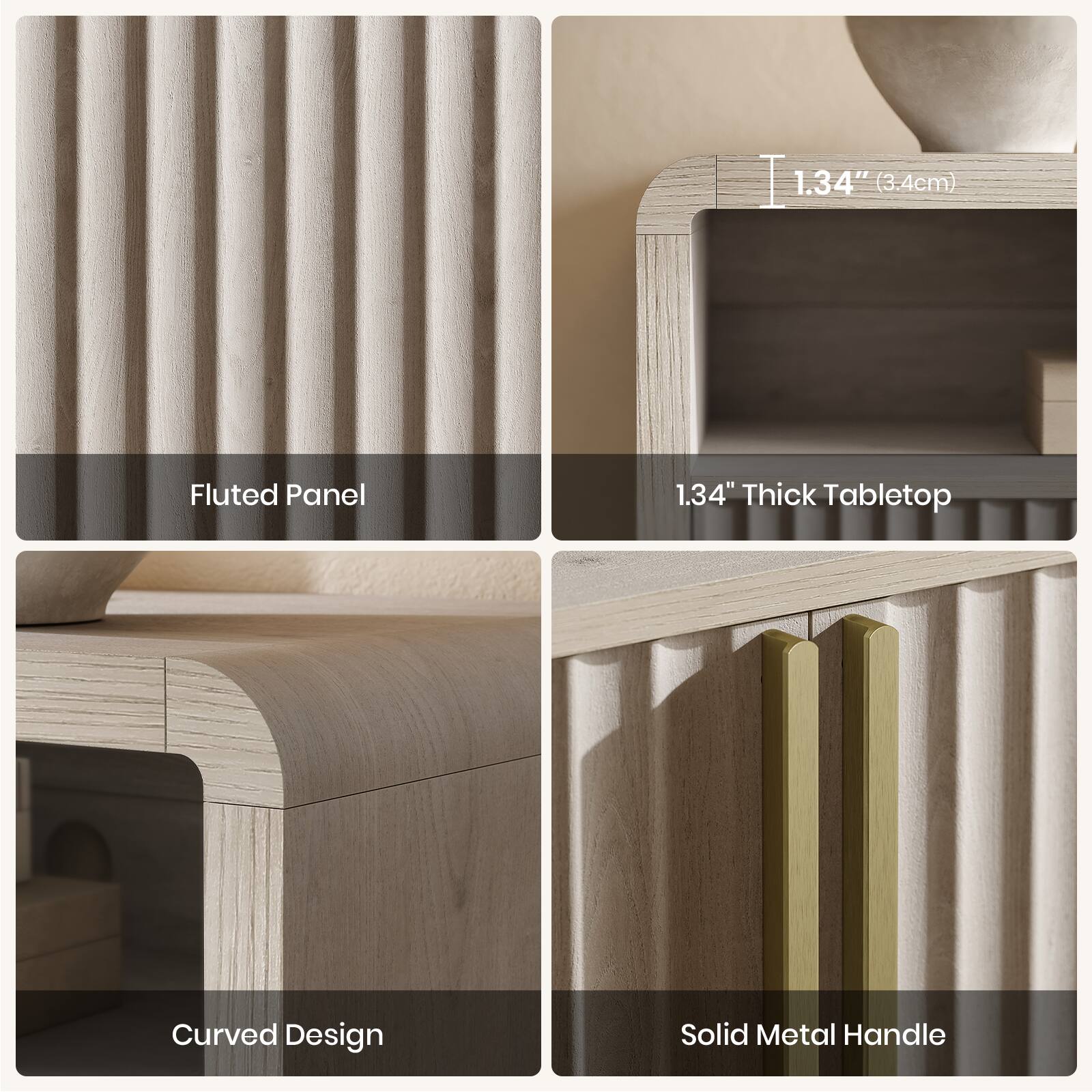 - Fluted Panel
- 1.34" (3.4cm) Thick Tabletop
- Curved Design
- Solid Metal Handle