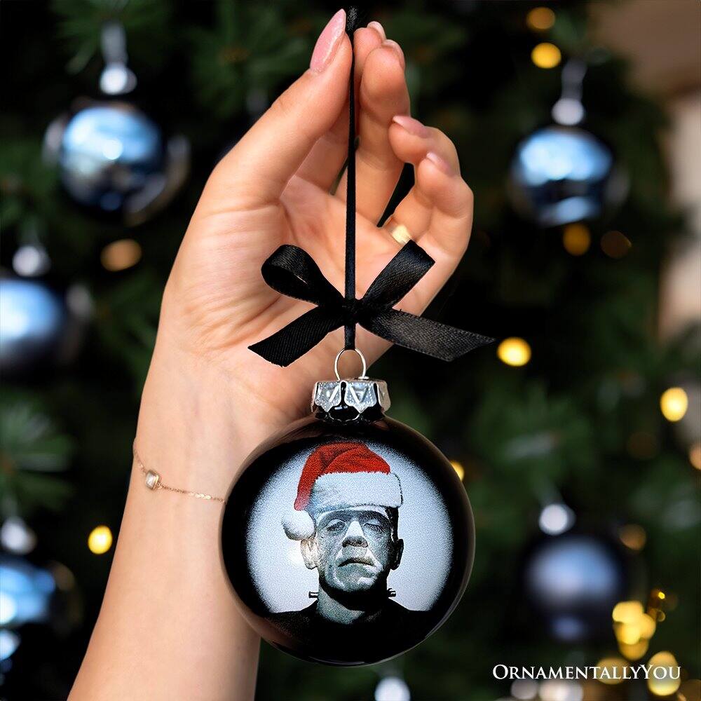 Left. OrnamentallyYou - Frankenstein Christmas Spooky Portrait Glass Ornament Black Horror Halloween Tree Decoration - Multi-colored.