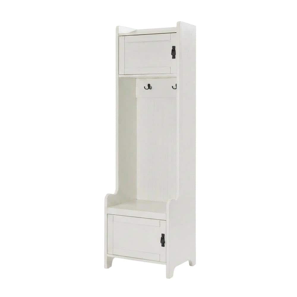 FurniFact - White Narrow Hall Tree - Distressed White
