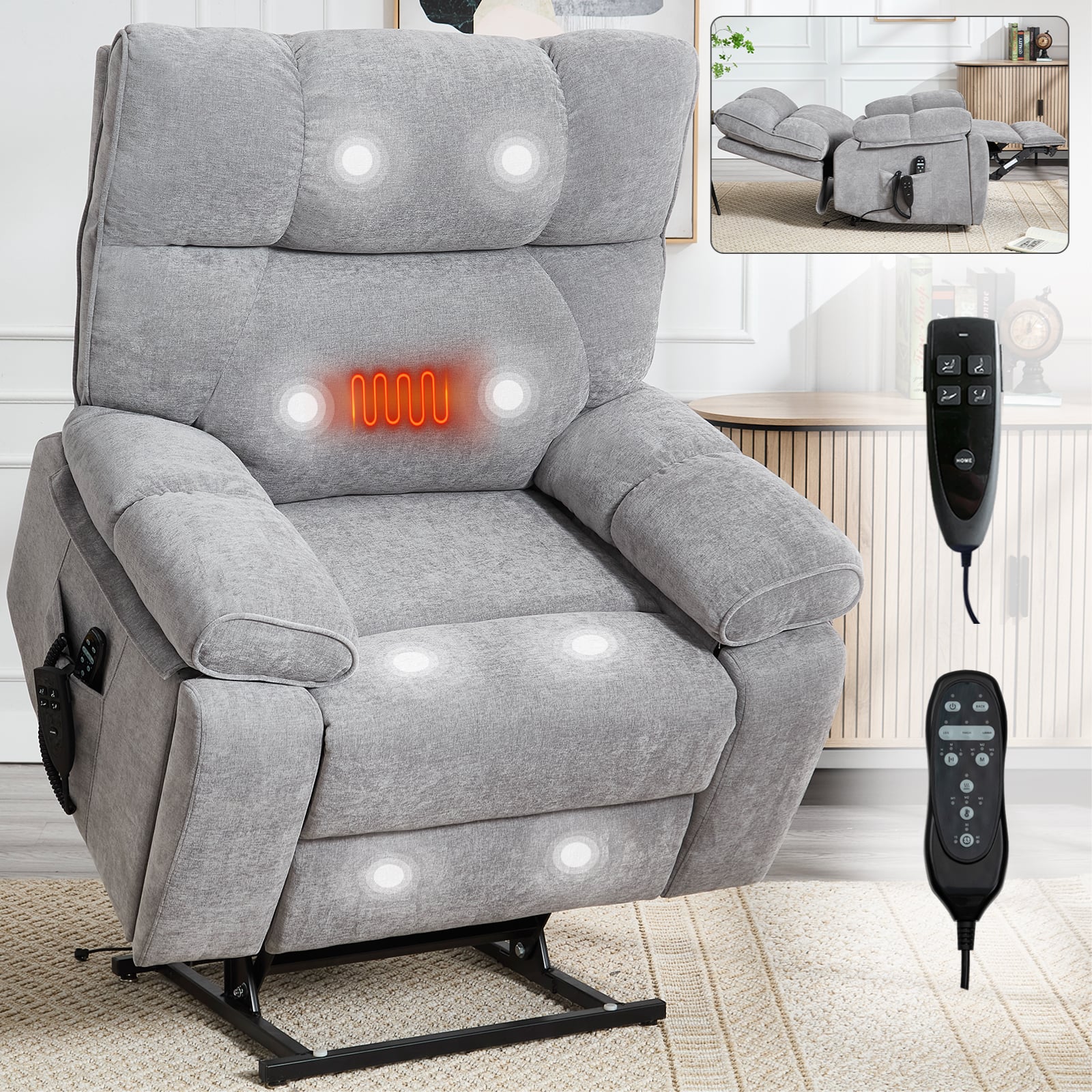 AENKYO - Heat Massage Dual Motor Power Lift Massage Recliners Chair with Hidden Cup Holders - Gray