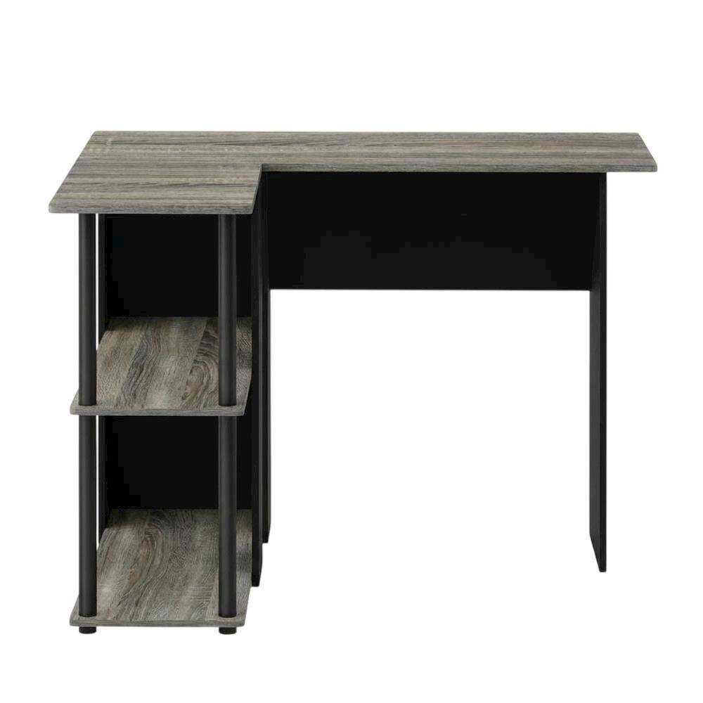 Back. BisonOffice - L-Shape Desk with Bookshelf, French Oak Grey/Black, Modern Computer Workstation - French Oak Grey/Black.