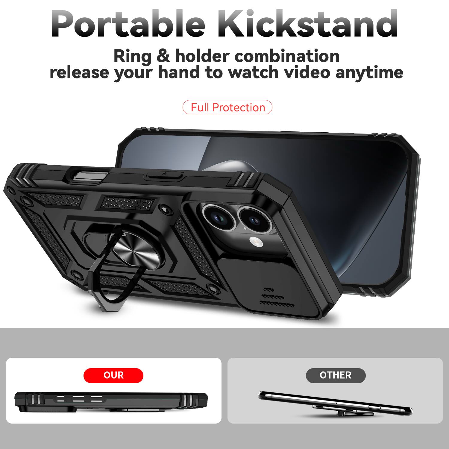 Portable Kickstand  
Ring & holder combination release your hand to watch video anytime  
Full Protection  

OUR  
OTHER