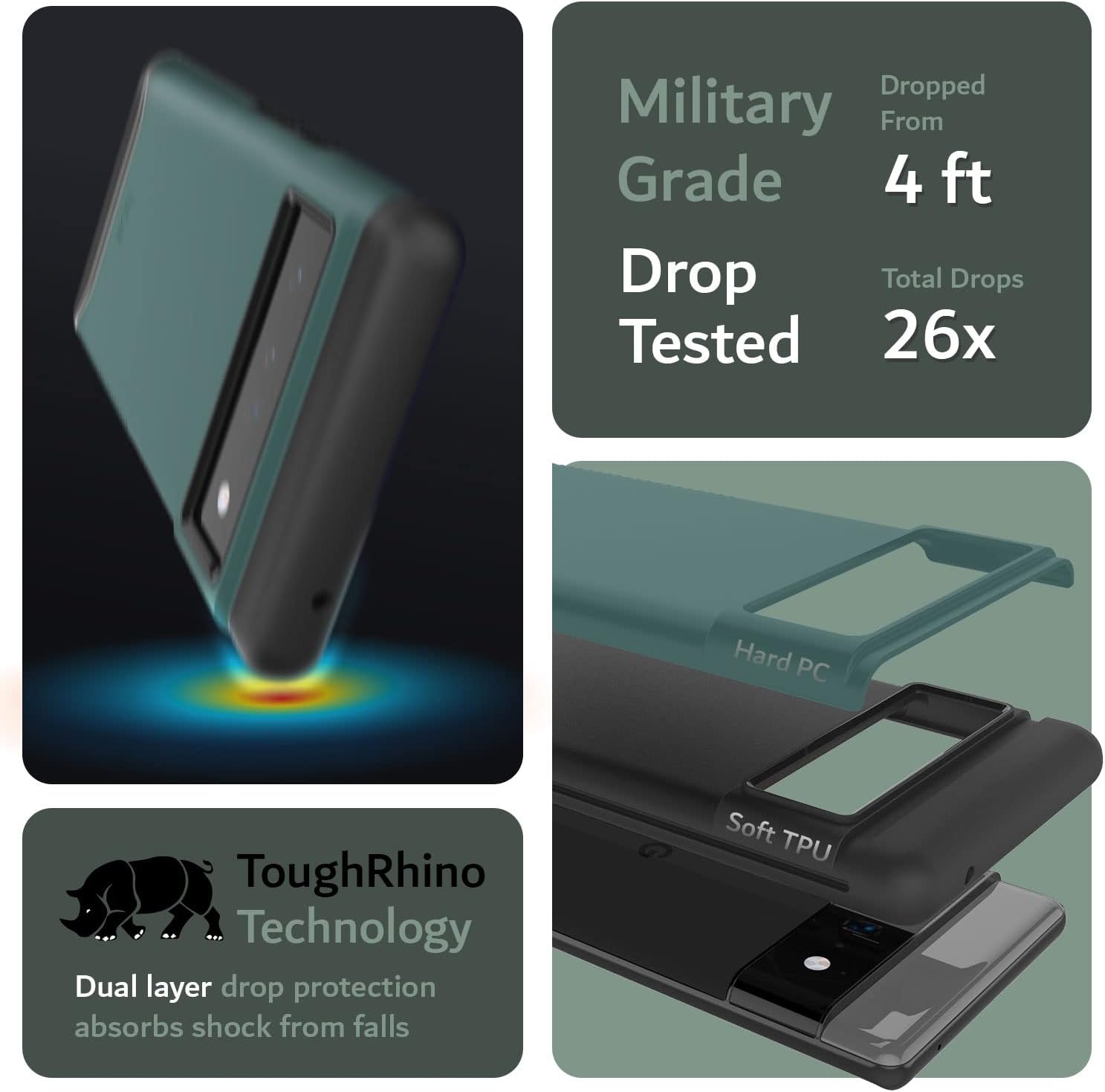 - Military Grade Drop Tested
- Dropped From 4 ft
- Total Drops Tested 26x
- ToughRhino Technology
- Dual layer drop protection absorbs shock from falls
- Hard PC
- Soft TPU
