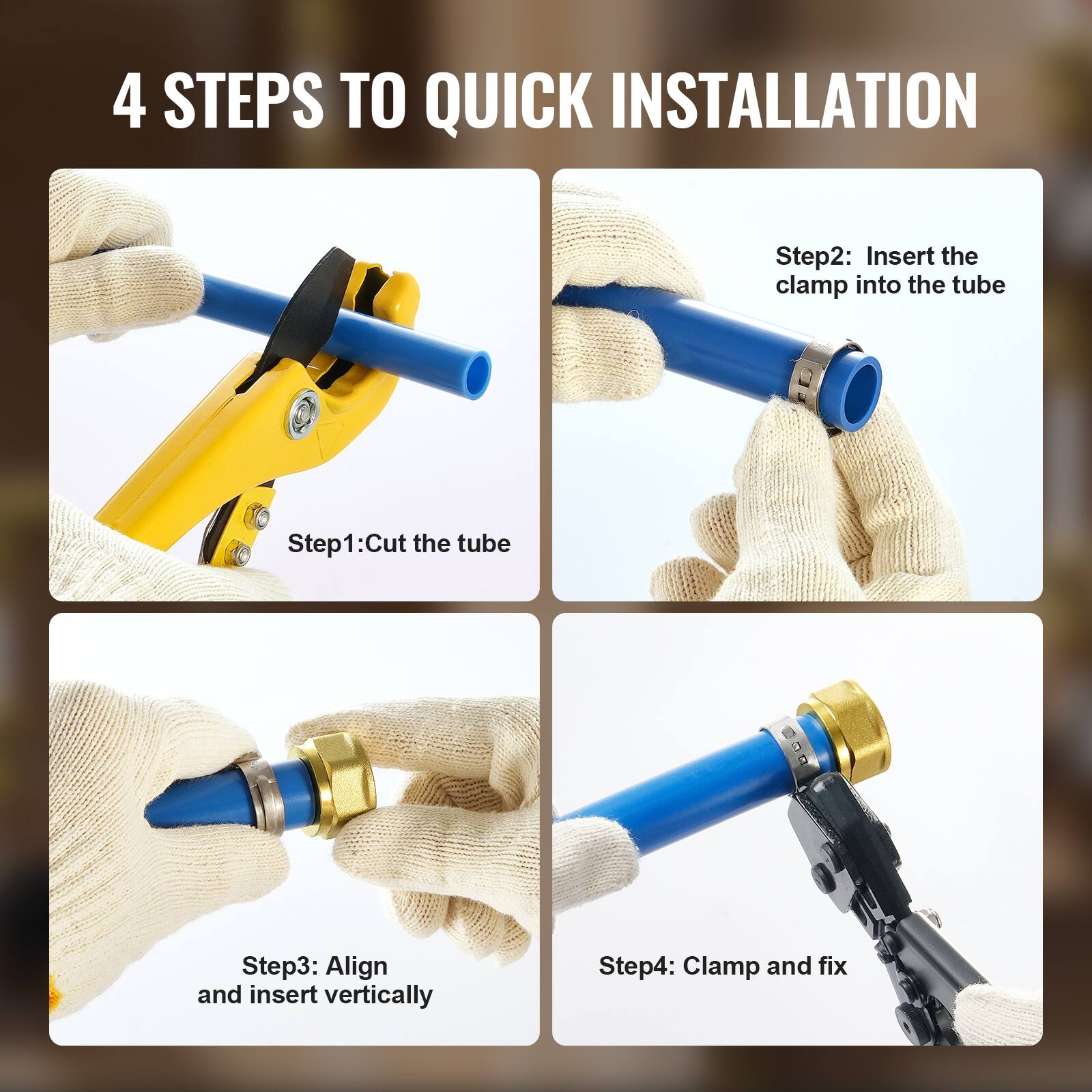 4 STEPS TO QUICK INSTALLATION

Step1: Cut the tube

Step2: Insert the clamp into the tube

Step3: Align and insert vertically

Step4: Clamp and fix