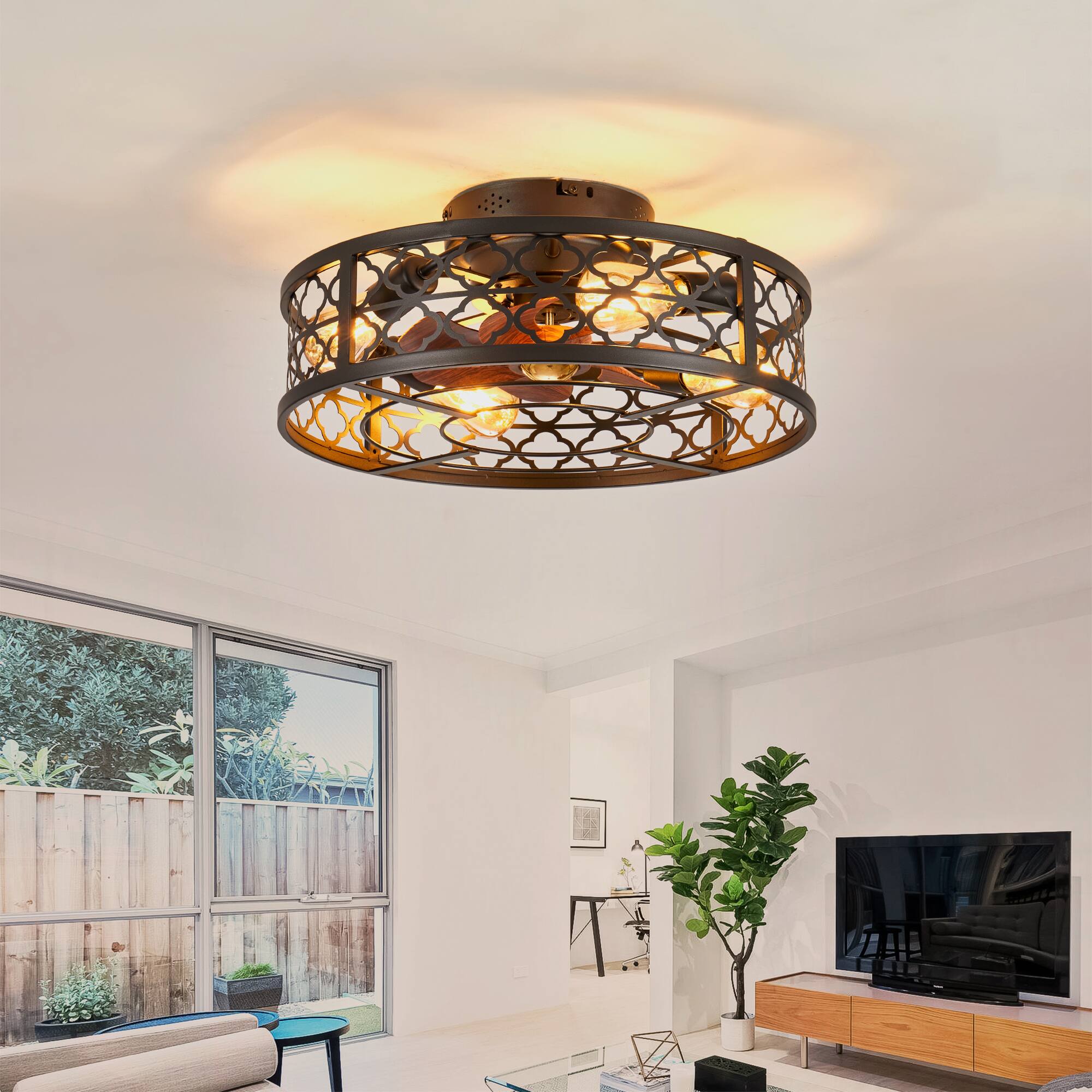 Alt View 6. Sofucor - Farmhouse Ceiling Fans w/ Light Remote Flush Mount Rustic Ceiling Fan Boho Bladeless Country Caged Ceiling Light Fixture - Black.