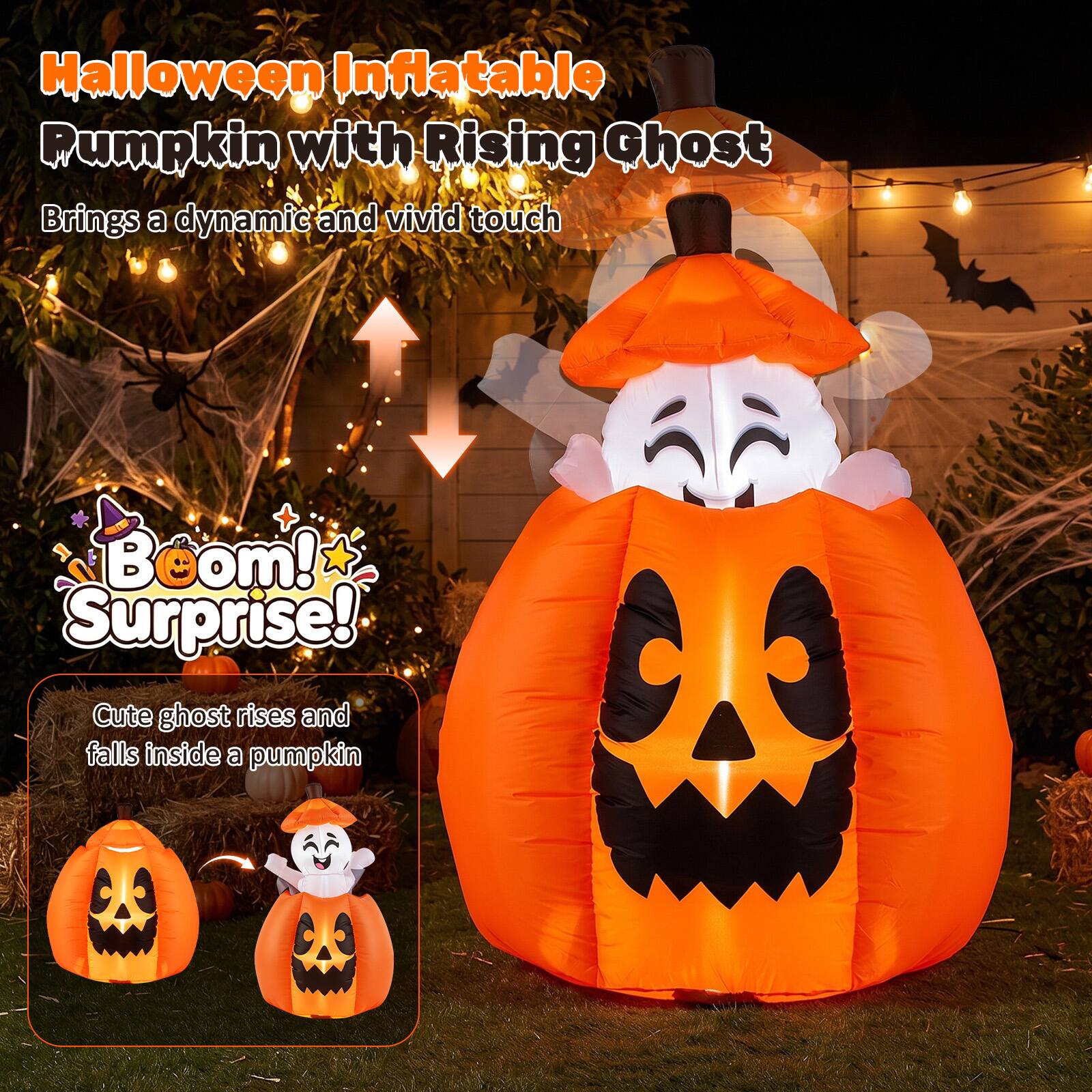 Halloween Inflatable Pumpkin with Rising Ghost  
Brings a dynamic and vivid touch  

Boom! Surprise!  
Cute ghost rises and falls inside a pumpkin