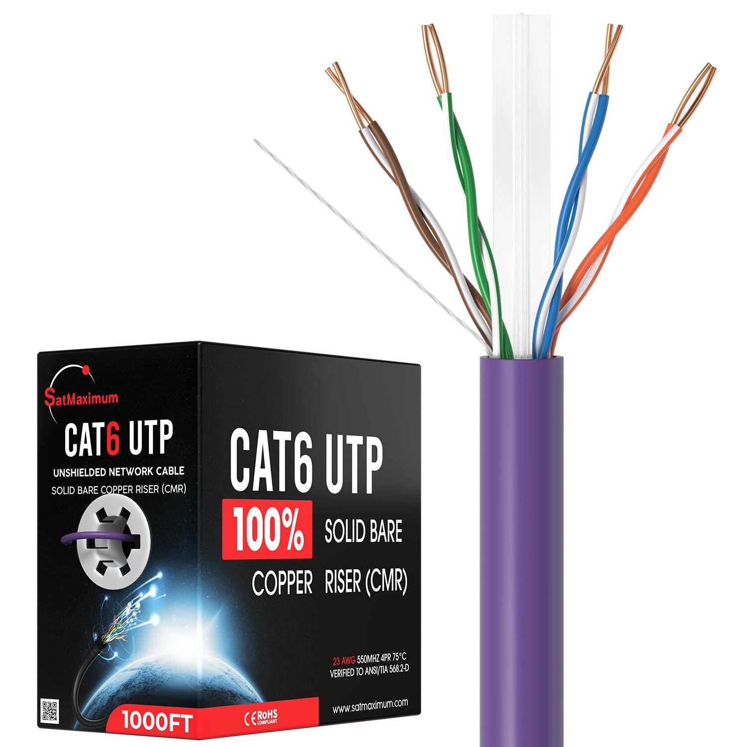 SatMaximum CAT6 UTP UNSHIELDED NETWORK CABLE SOLID BARE COPPER RISER (CMR)  
CAT6 UTP 100% SOLID BARE COPPER RISER (CMR)  
AWG 550MHZ IPR 75C 23 VERIFIED 10 ANSUTIA 568.20  
NO N 1000FT (ROHS)  
www.satmaximum.com