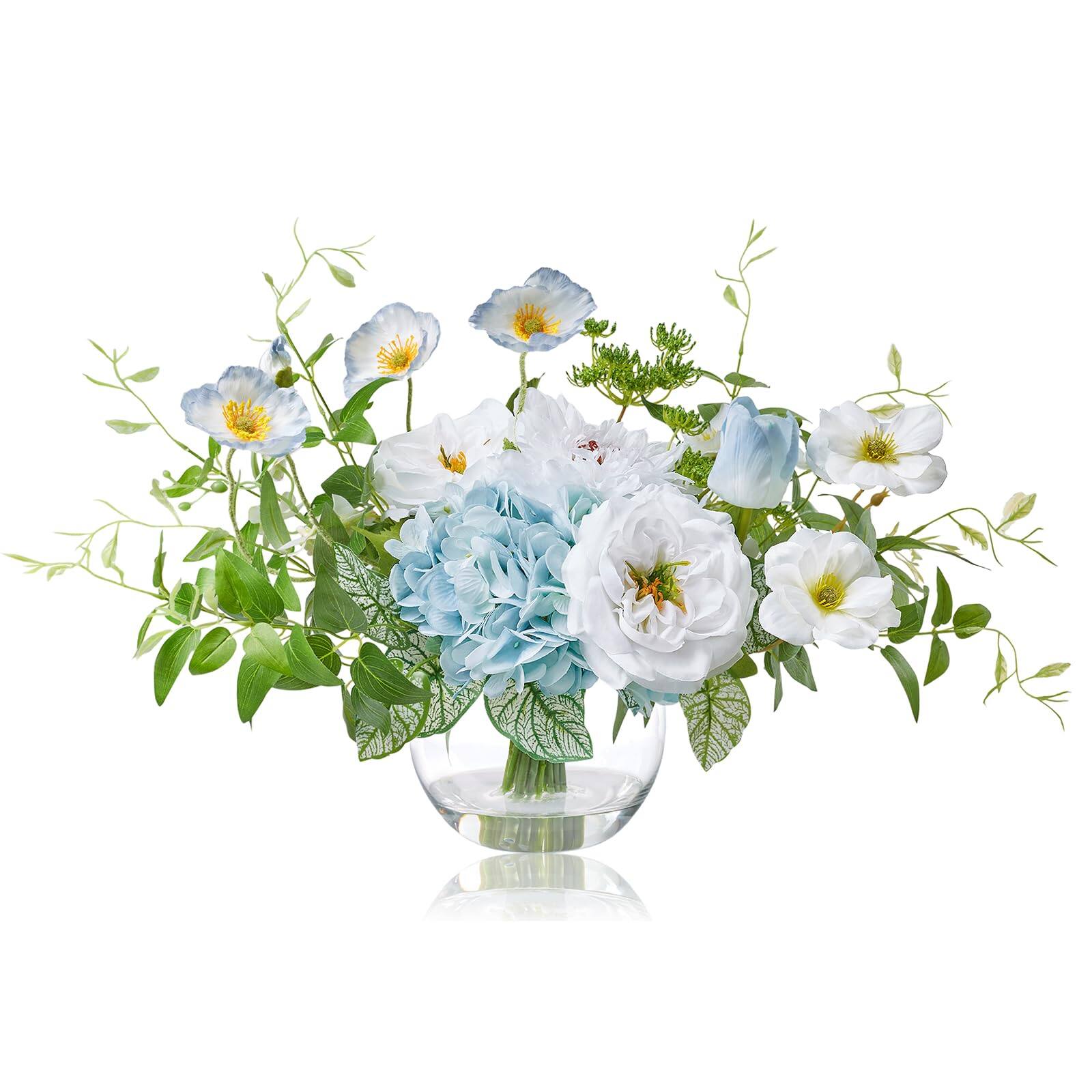Alt View 3. Siljoy - Blue Silk Floral Arrangement, Faux Water Glass Vase, Home Wedding Decor - blue.