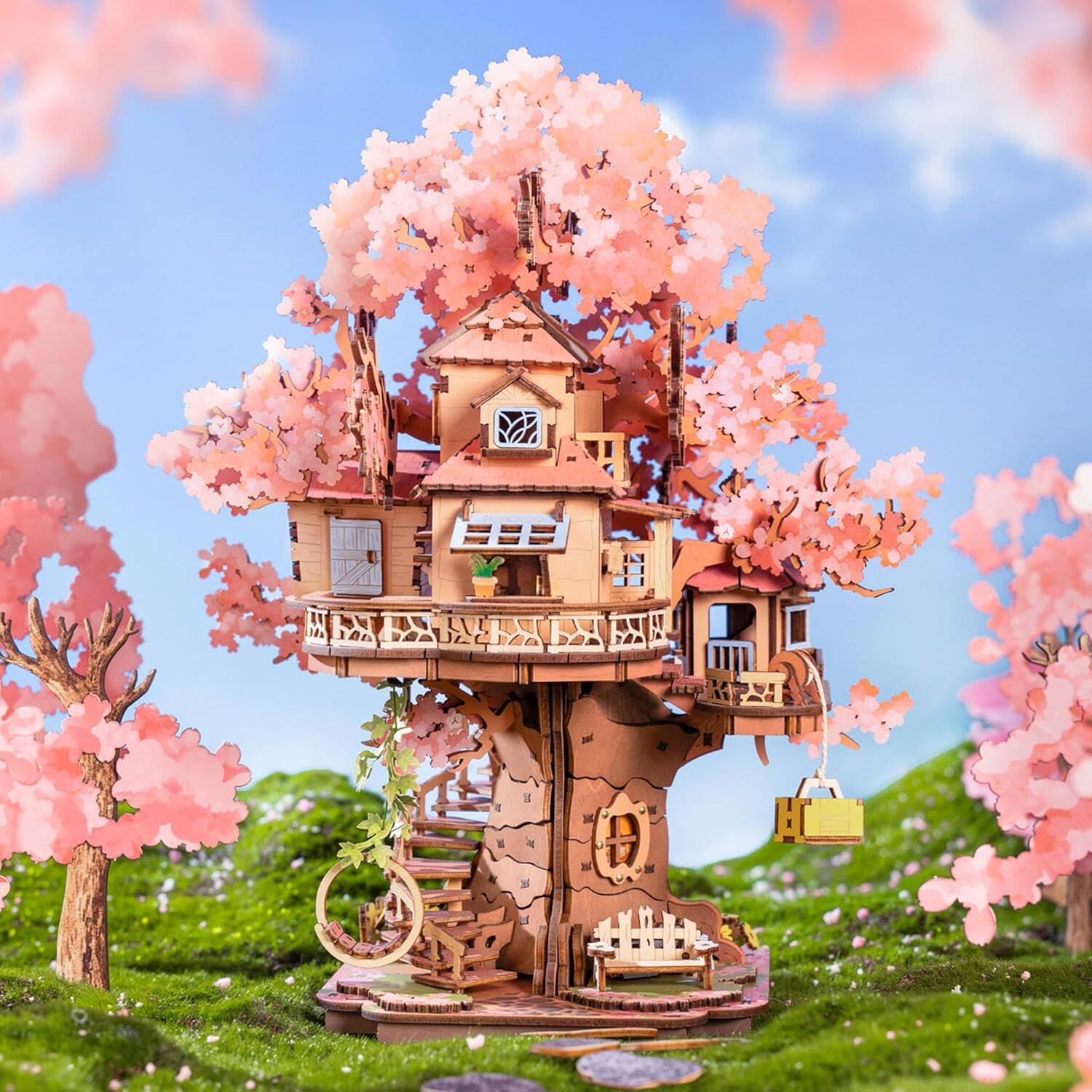 Alt View 1. Robotime - Rolife 3D Puzzles for Adults, Cherry Blossom Bonsai Tree Plants, Japanese Sakura Tree House Flowers Building Set - Brown.