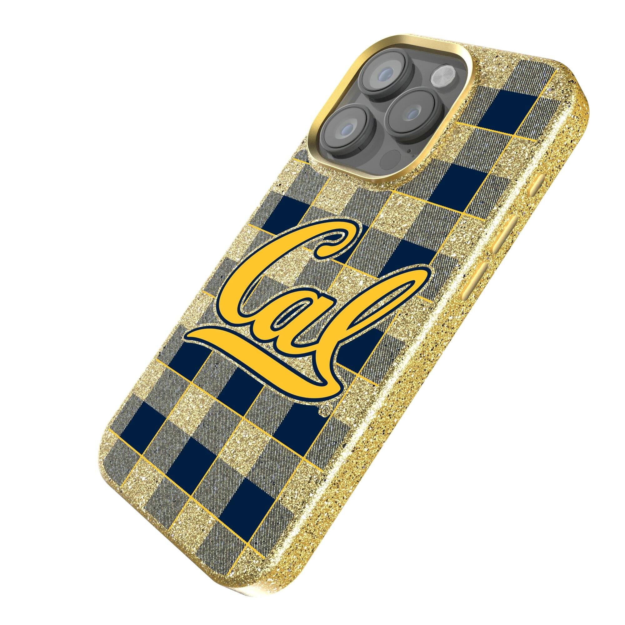 Alt View 1. Keyscaper - Cal Bears Plaid Bling iPhone Case - 14 Plus - Gold.