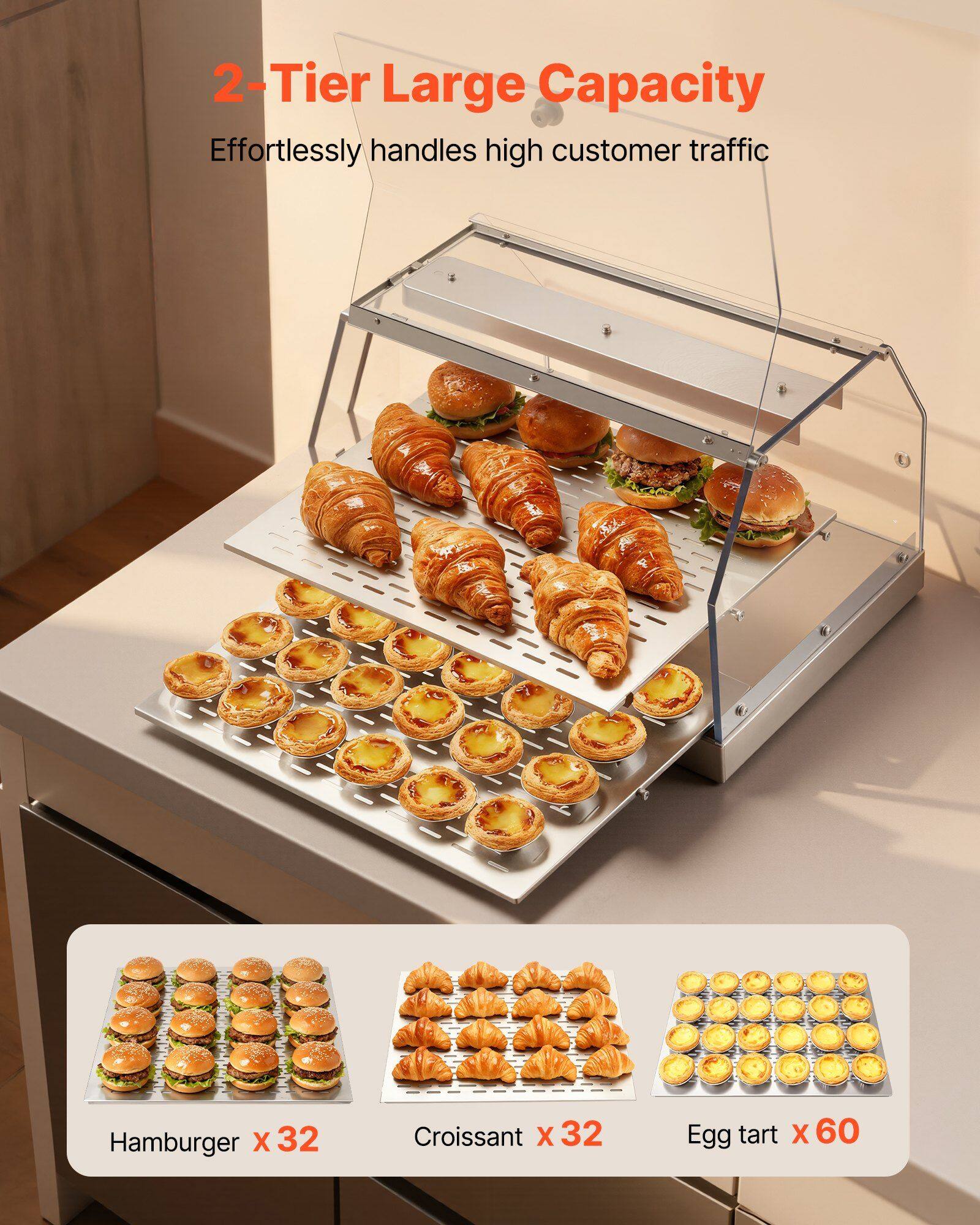 2-Tier Large Capacity  
Effortlessly handles high customer traffic  

Hamburger X 32  
Croissant X 32  
Egg tart X 60