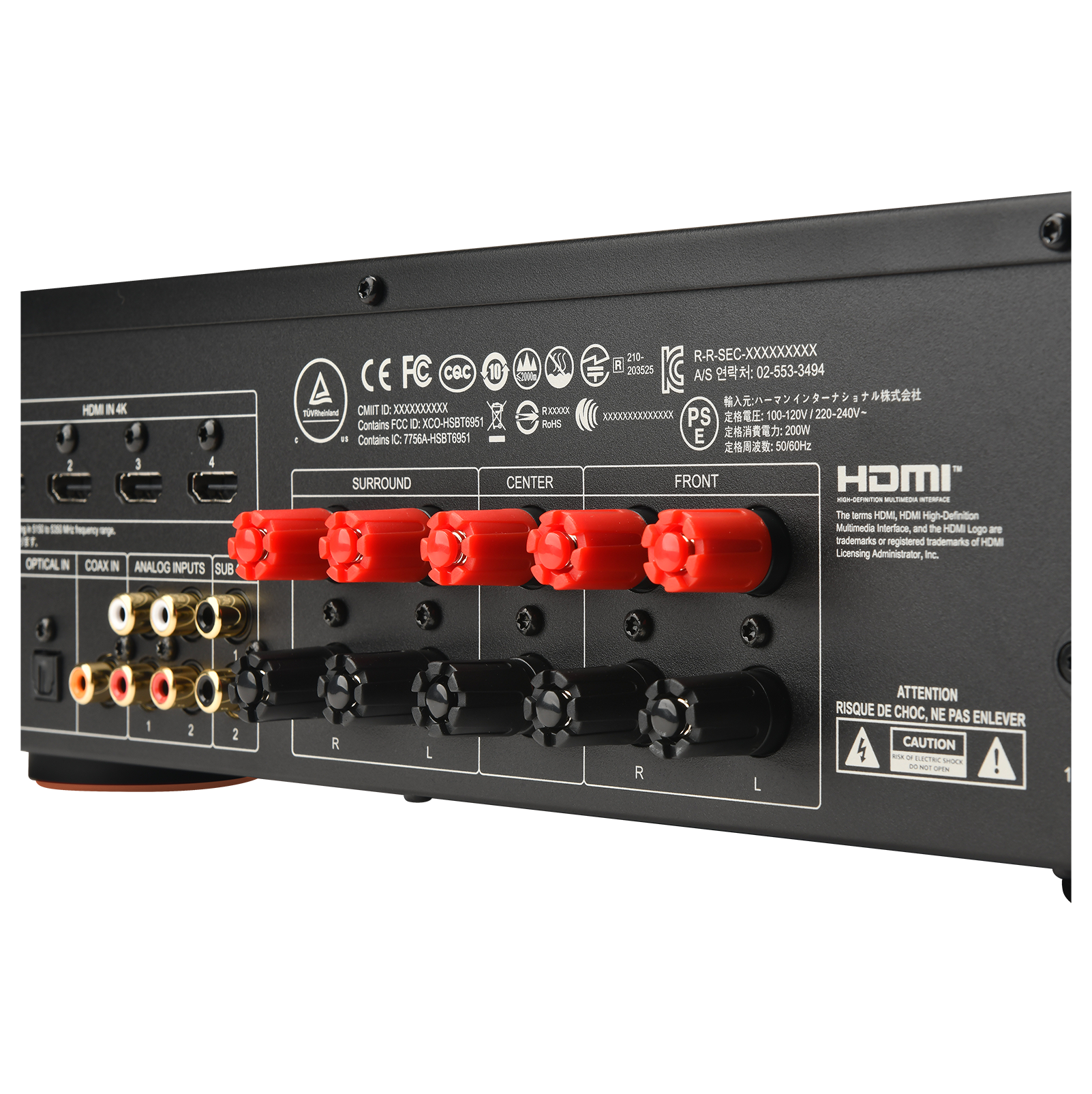 The text on the image reads:

"HOMI - High-Definition Multimedia Interface - The widescreen standard for HDTVs, Blu-ray Disc players, and the HDMI logo are registered trademarks of HDMI Licensing Administrator, Inc. Contains Faroudja DACS 7796A-HS8T6851 Surround, Center, and Subwoofer Processing. 100-120V/220-240V AC Input, 200W 50/60Hz Front End. This device complies with HDMI version 1.3b and supports 1080p resolution at 60Hz, Deep Color (up to 12 bits), and 3D video (frame sequential or side-by-side)."