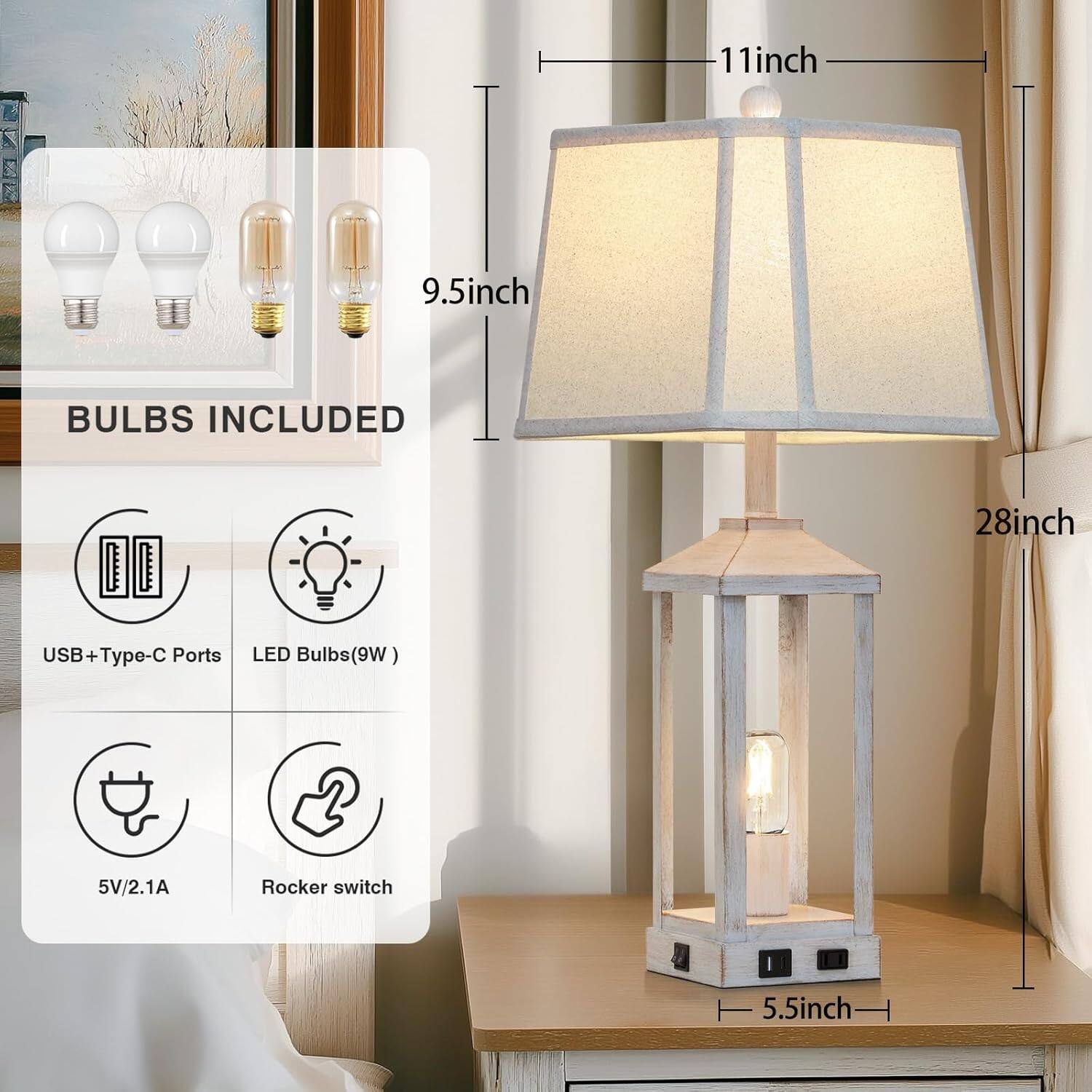 - **Dimensions:**
  - Height: 11 inches
  - Width: 28 inches
  - Base: 5.5 inches

- **Bulbs Included:**
  - LED Bulbs (9W)

- **Features:**
  - USB + Type-C Ports
  - 5V/2.1A
  - Rocker switch

- **Bulb Size:**
  - 9.5 inches