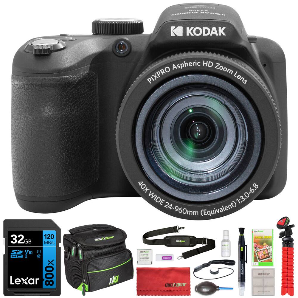 KODAK PIXPRO Aspheric HD Zoom Lens
40X WIDE 24-960mm (Equivalent) 1:3.0-6.8
32GB 120 MB/s S2 V10 U H9 I @ Lexar 800x
Included Accessories:
- Black camera bag
- Cleaning cloth
- Lens cleaning solution
- Lens cleaning pen
- USB cable
- SD card reader
- Screen protector
- Lens hood
- Tripod adapter